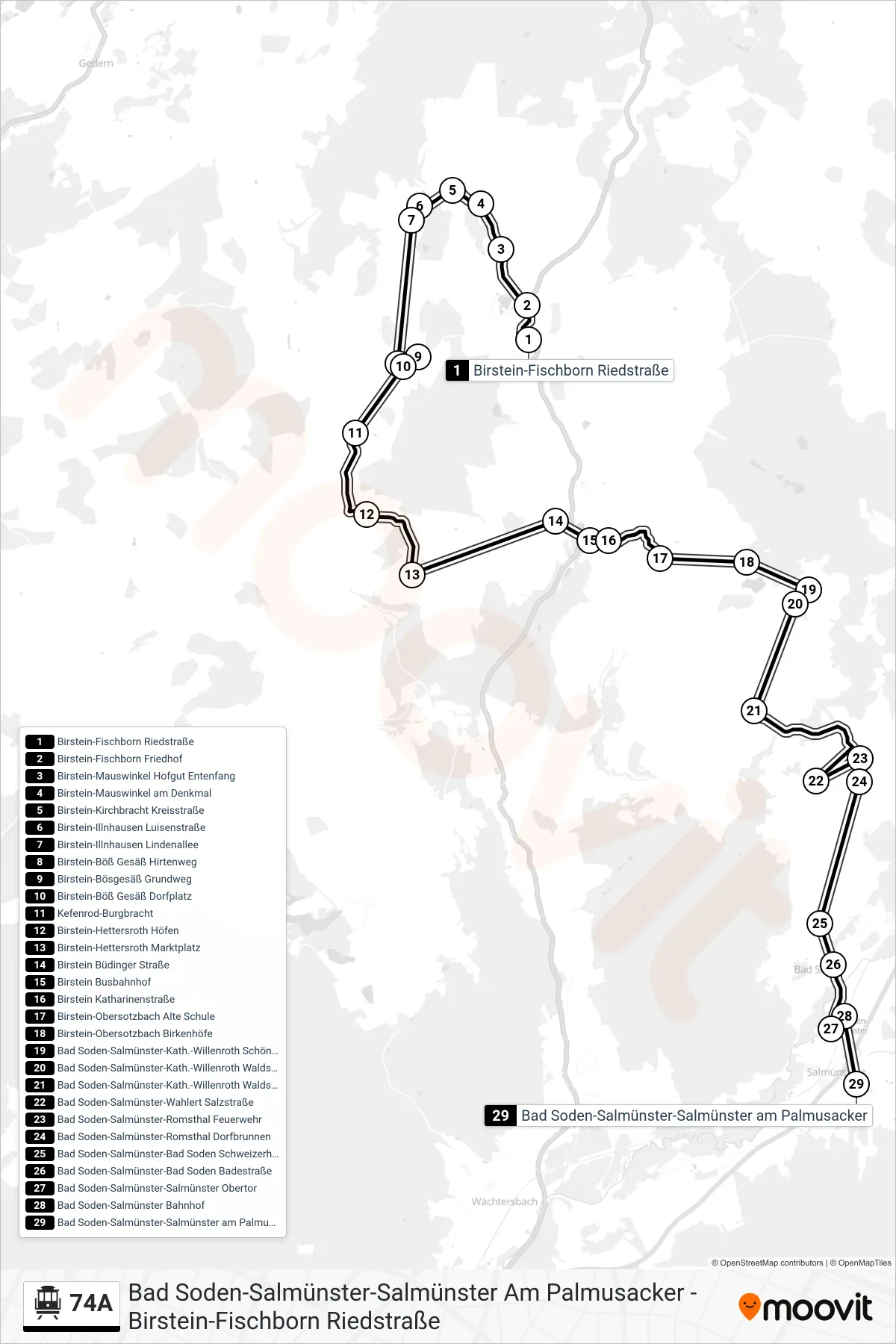 Linie 74A (S-Bahn) Richtung Bad Soden-Salmünster-Salmünster am Palmusacker: Route und Haltestellen auf der Karte
