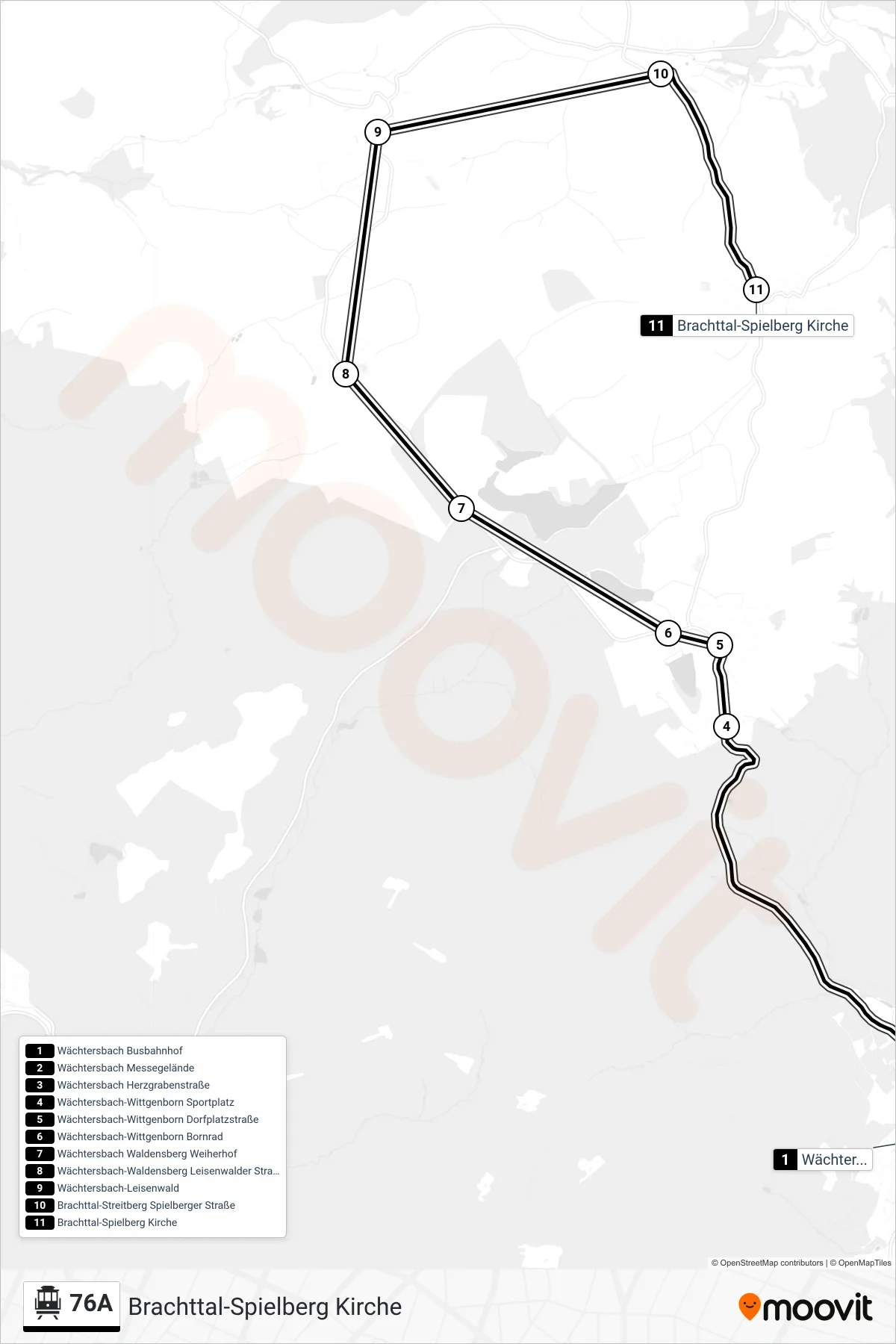 76A S-Bahn Line (Brachttal-Spielberg Kirche) route and stops on a map