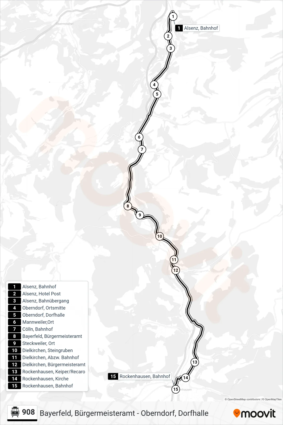 908 S-Bahn Line (Rockenhausen, Bahnhof) route and stops on a map