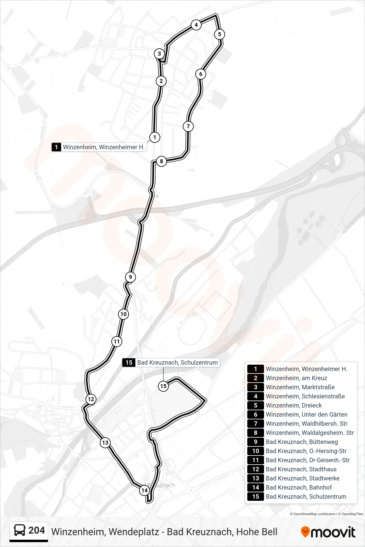 204 bus Line (Bad Kreuznach, Schulzentrum) route and stops on a map