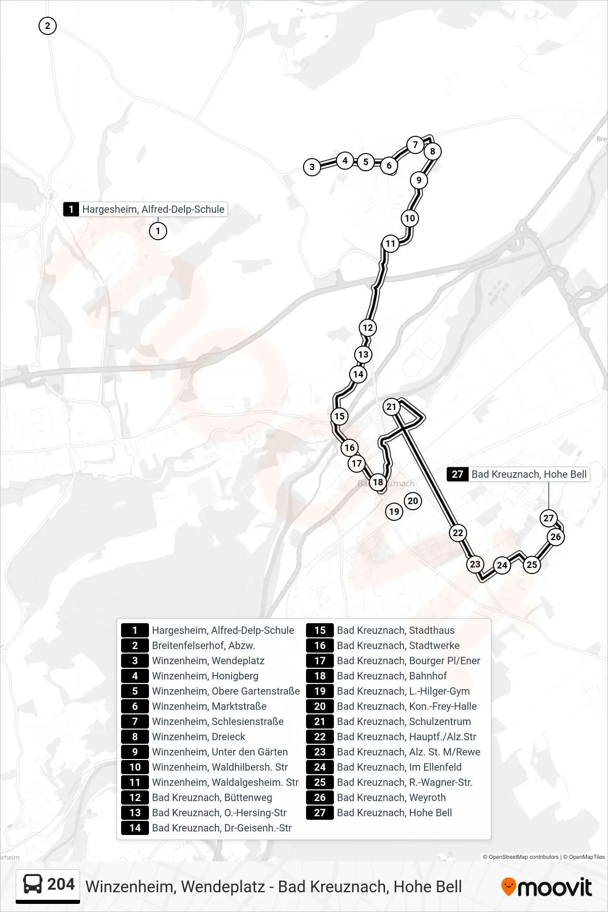Linie 204 (Bus) Richtung Bad Kreuznach, Hohe Bell: Route und Haltestellen auf der Karte