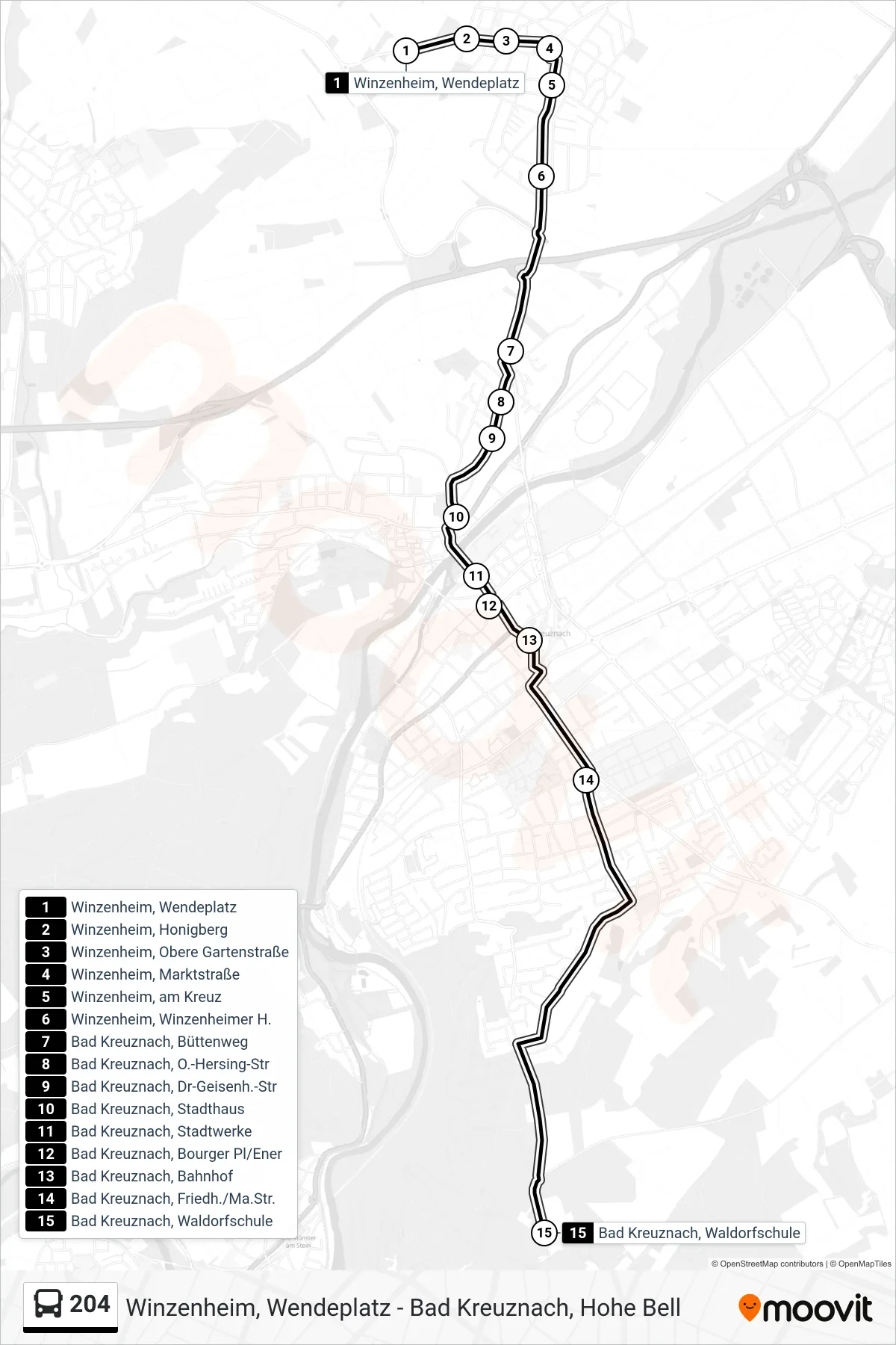 204 bus Line (Bad Kreuznach, Waldorfschule) route and stops on a map