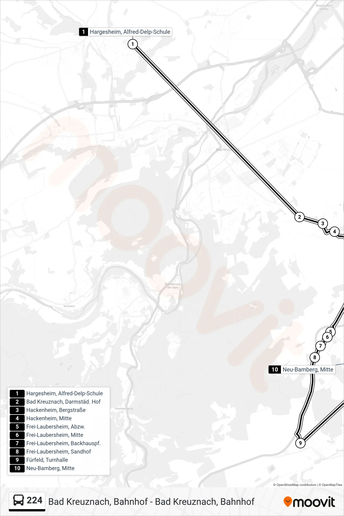 224 bus Line (Neu-Bamberg, Mitte) route and stops on a map