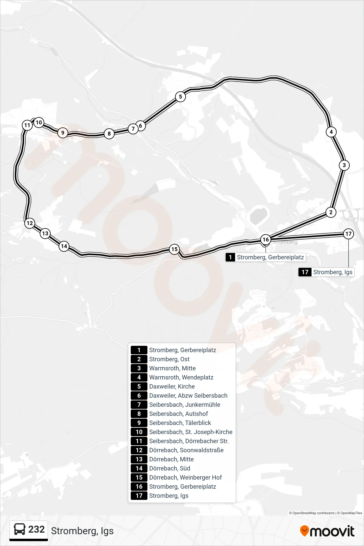 232 bus Line (Stromberg, Igs) route and stops on a map