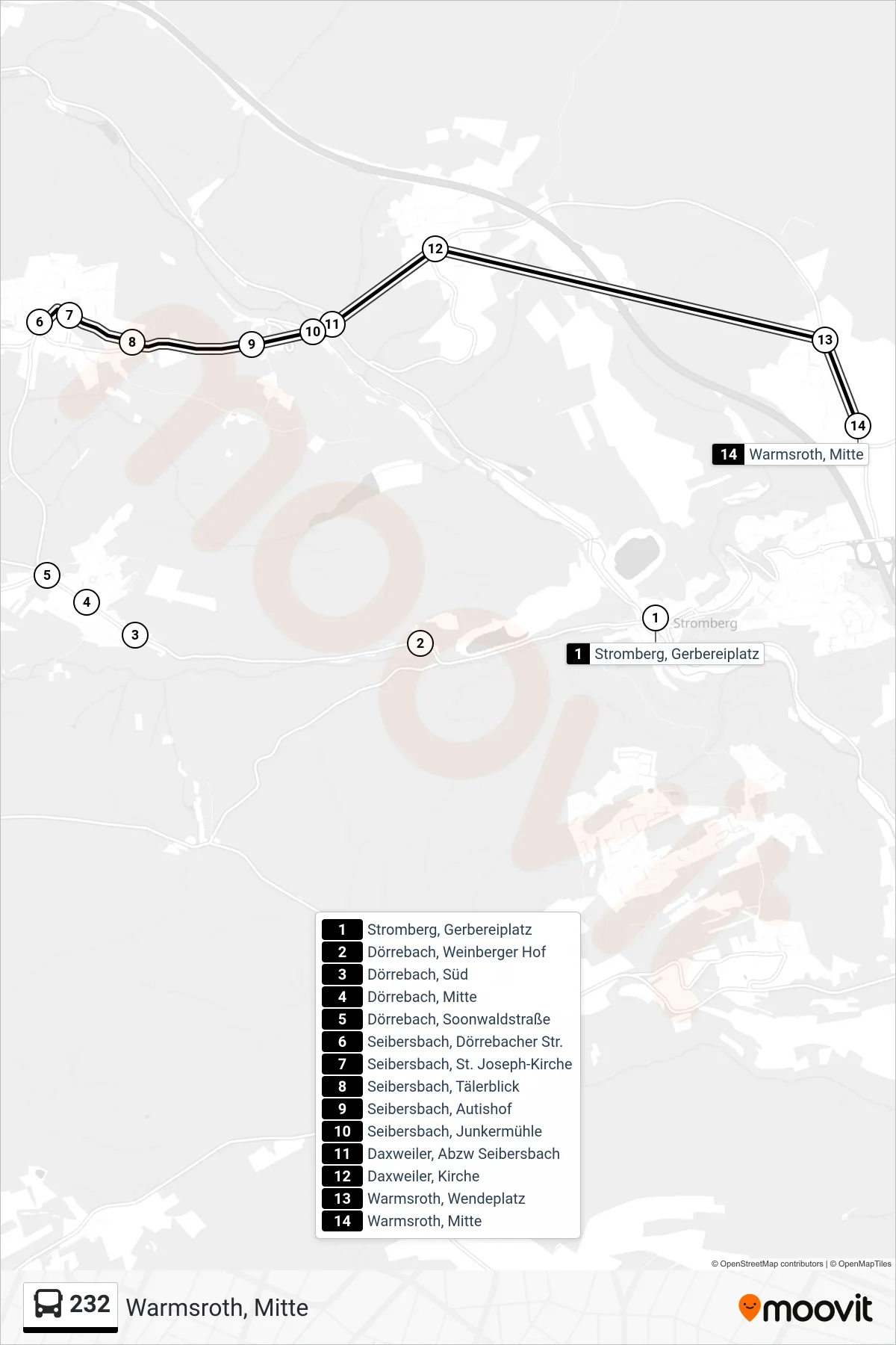 232 bus Line (Warmsroth, Mitte) route and stops on a map
