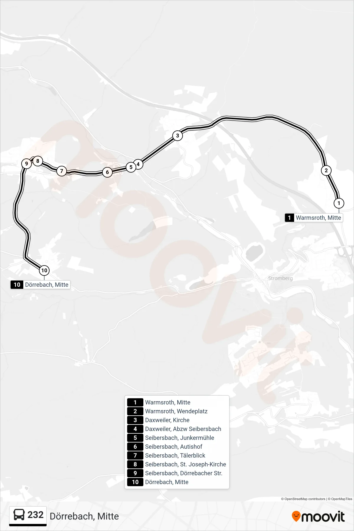 232 bus Line (Dörrebach, Mitte) route and stops on a map