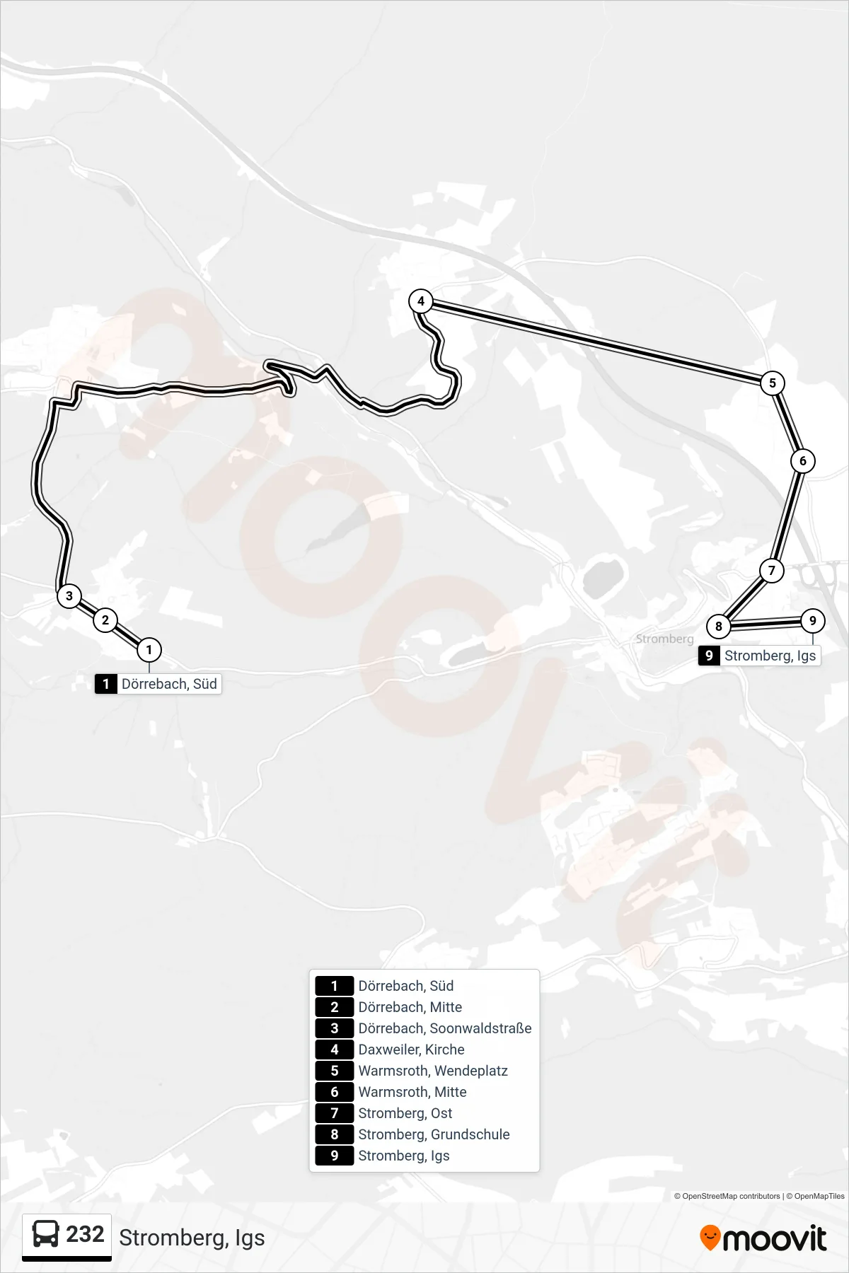 232 bus Line (Stromberg, Igs) route and stops on a map