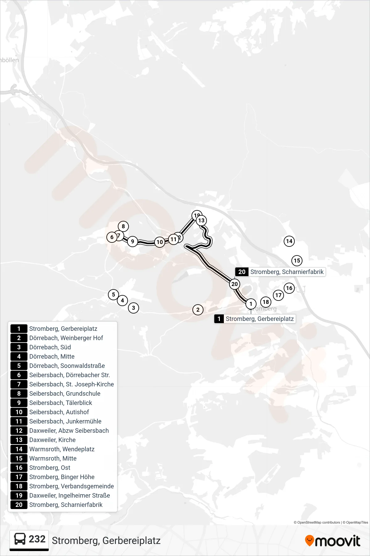 232 bus Line (Stromberg, Gerbereiplatz) route and stops on a map