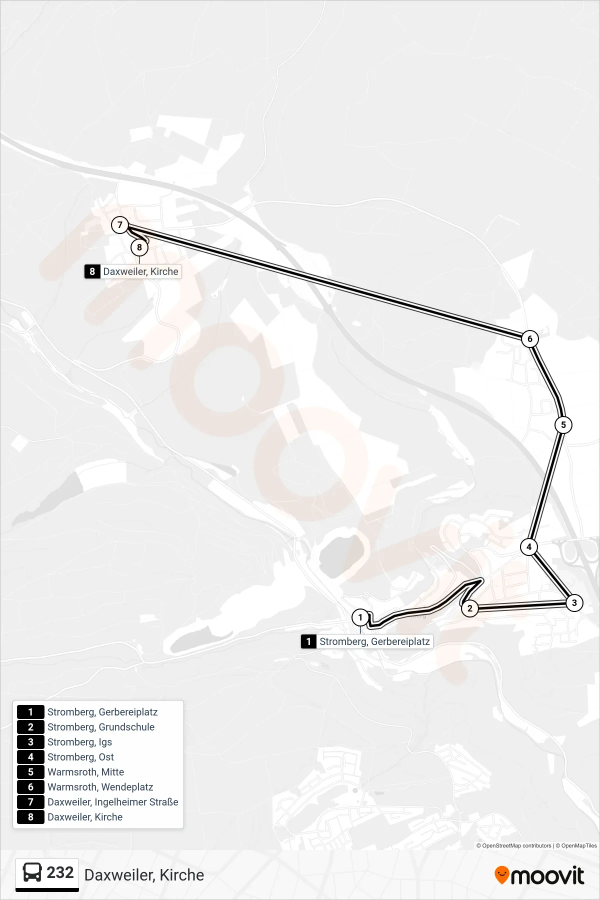 232 bus Line (Daxweiler, Kirche) route and stops on a map
