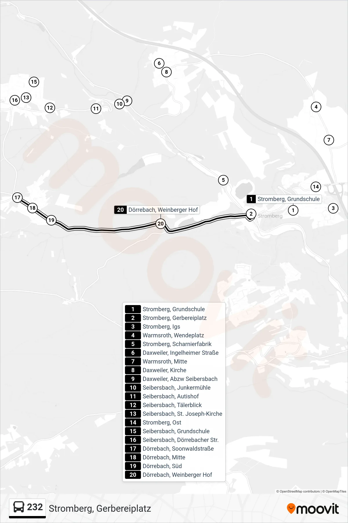 232 bus Line (Stromberg, Gerbereiplatz) route and stops on a map
