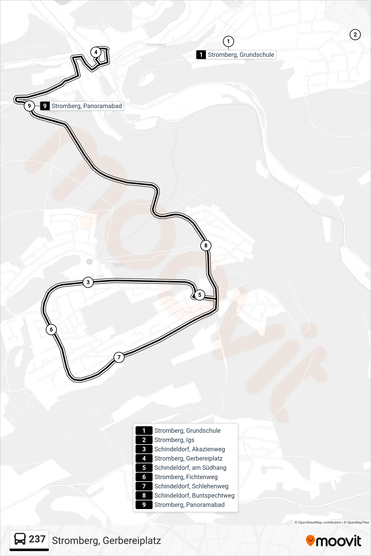 237 bus Line (Stromberg, Gerbereiplatz) route and stops on a map