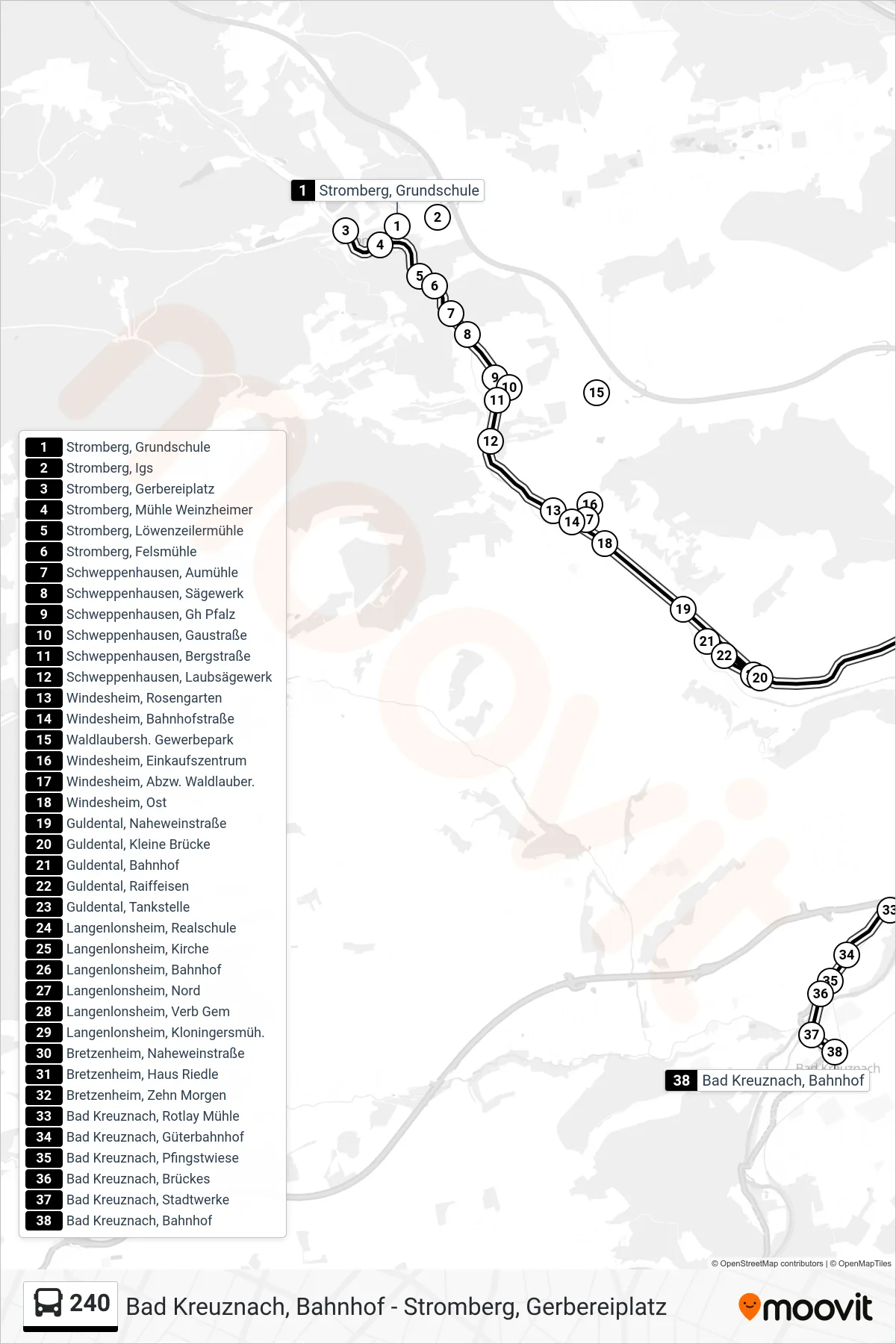 240 bus Line (Bad Kreuznach, Bahnhof) route and stops on a map