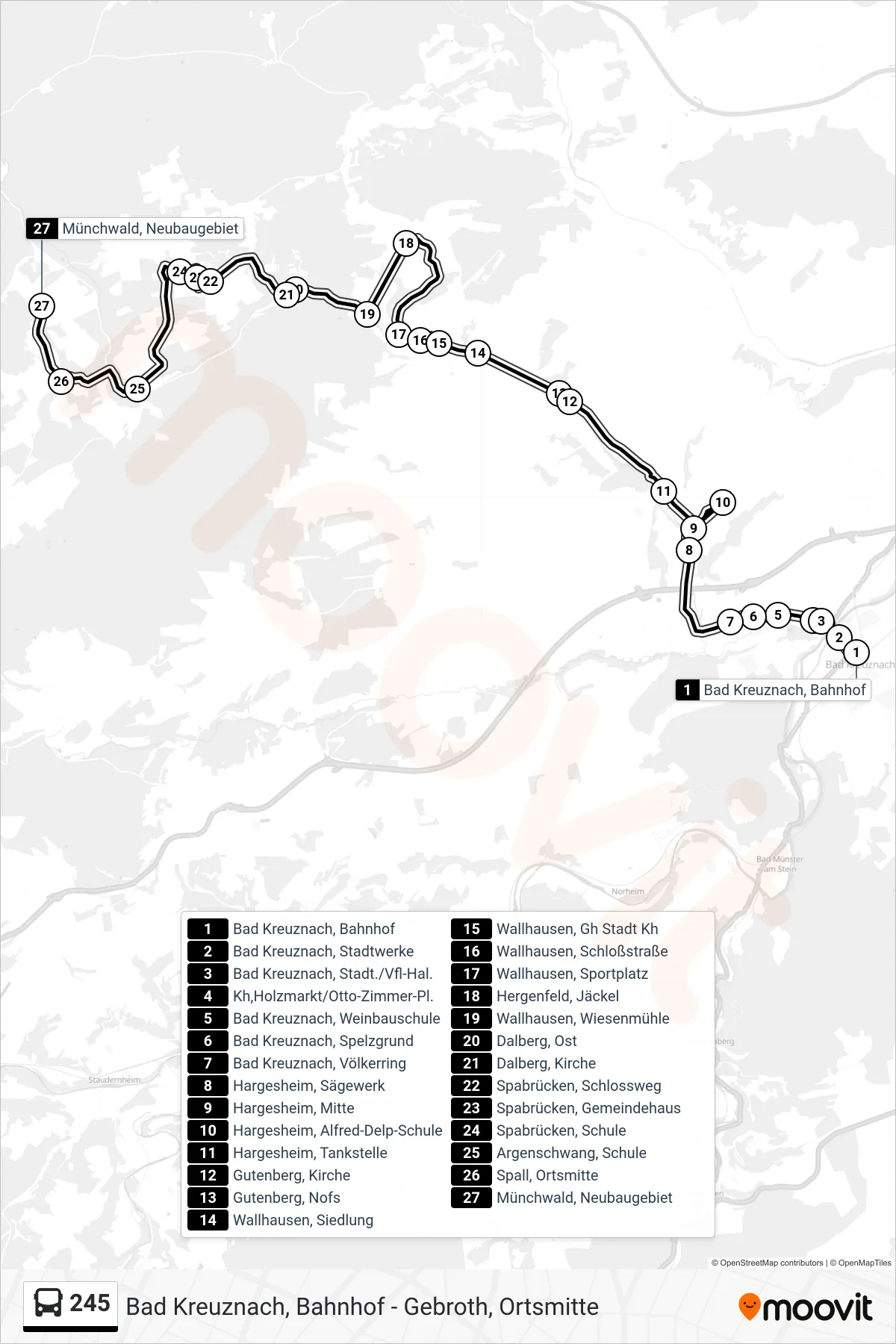 245 bus Line (Münchwald, Neubaugebiet) route and stops on a map