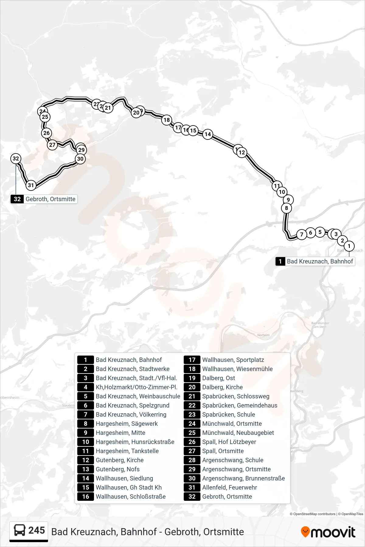 245 bus Line (Gebroth, Ortsmitte) route and stops on a map