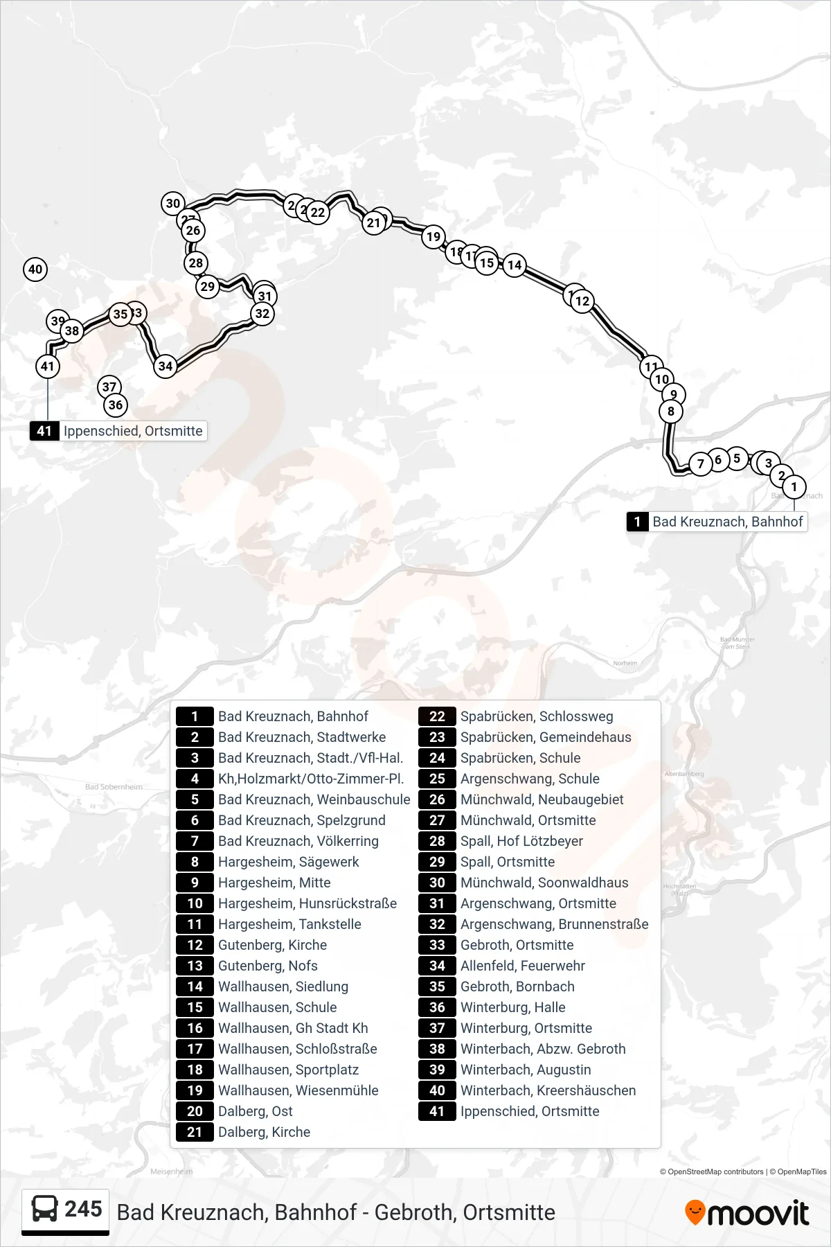 245 bus Line (Ippenschied, Ortsmitte) route and stops on a map