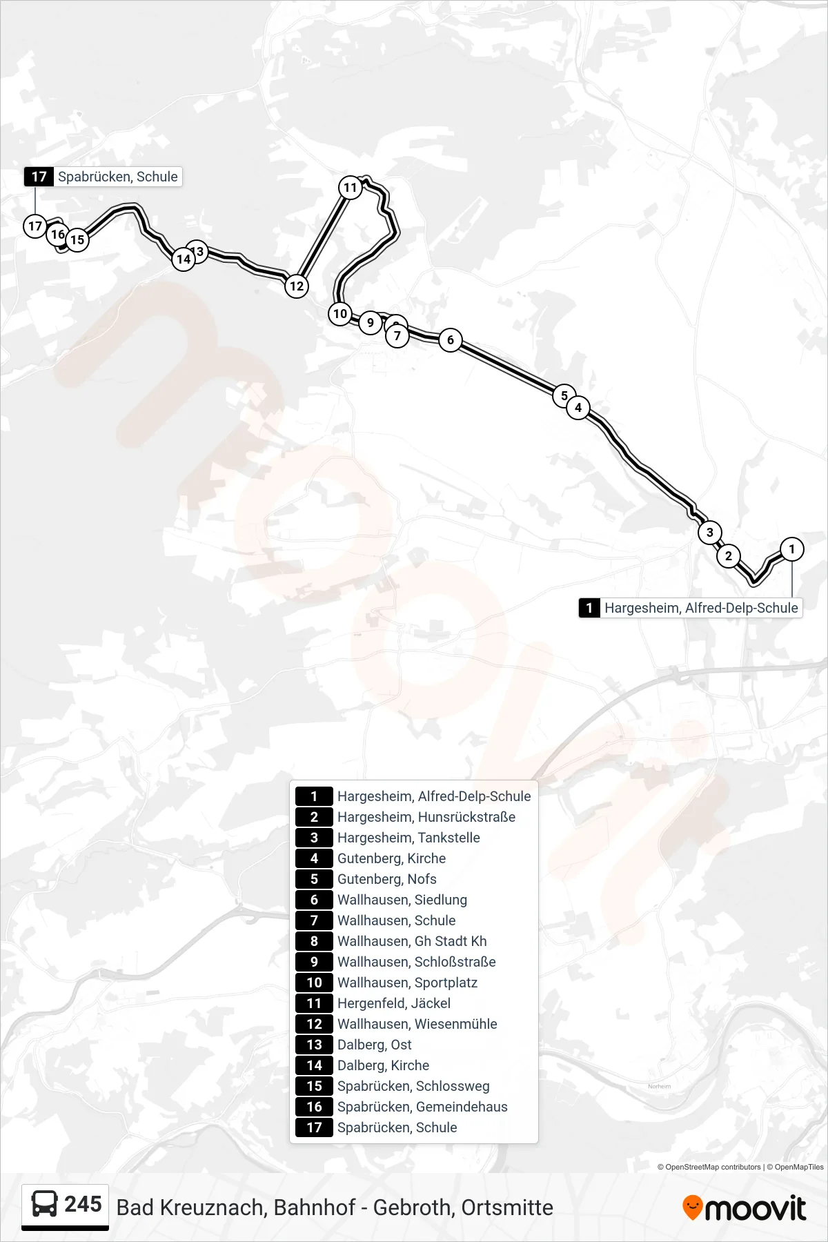 245 bus Line (Spabrücken, Schule) route and stops on a map