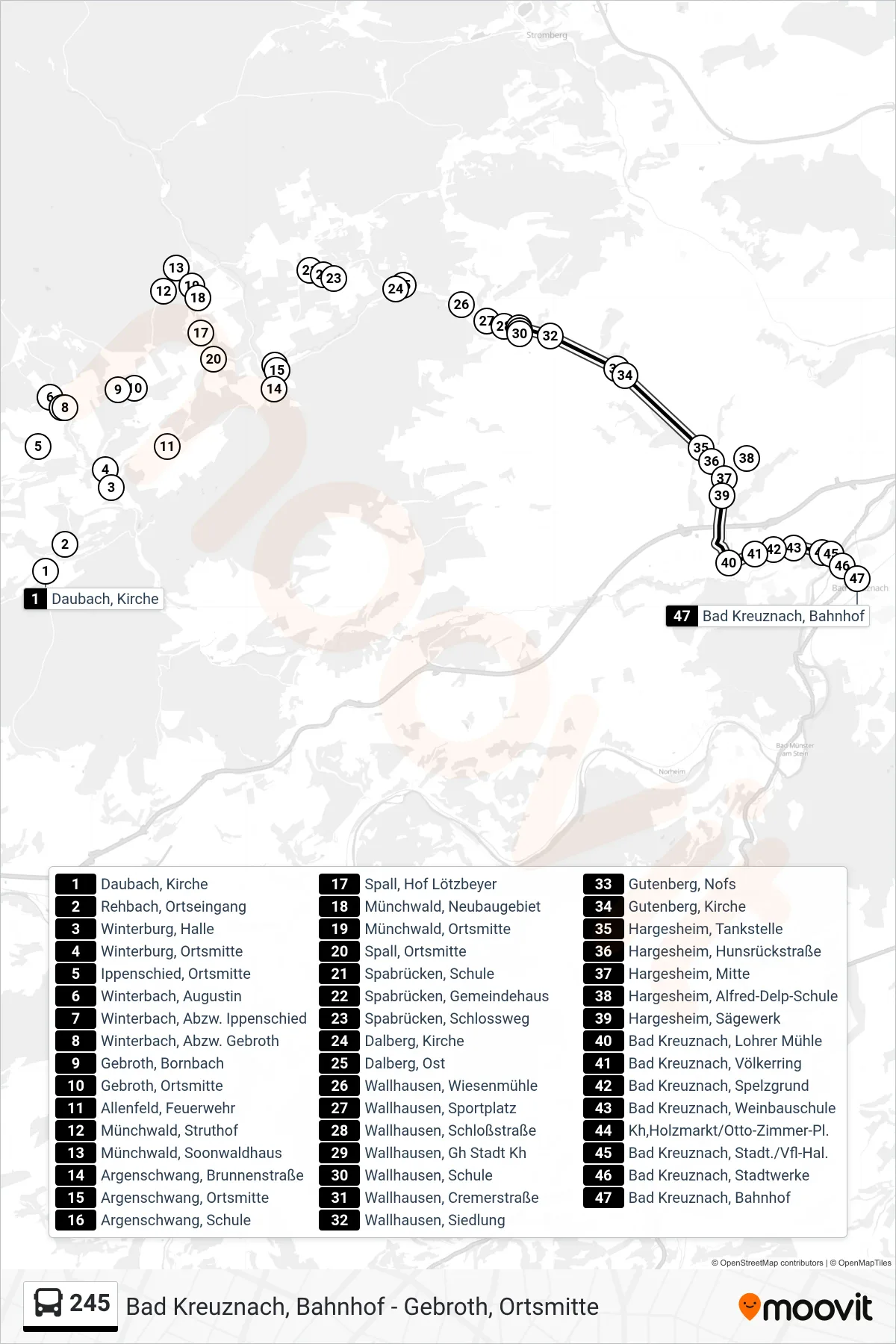 245 bus Line (Bad Kreuznach, Bahnhof) route and stops on a map