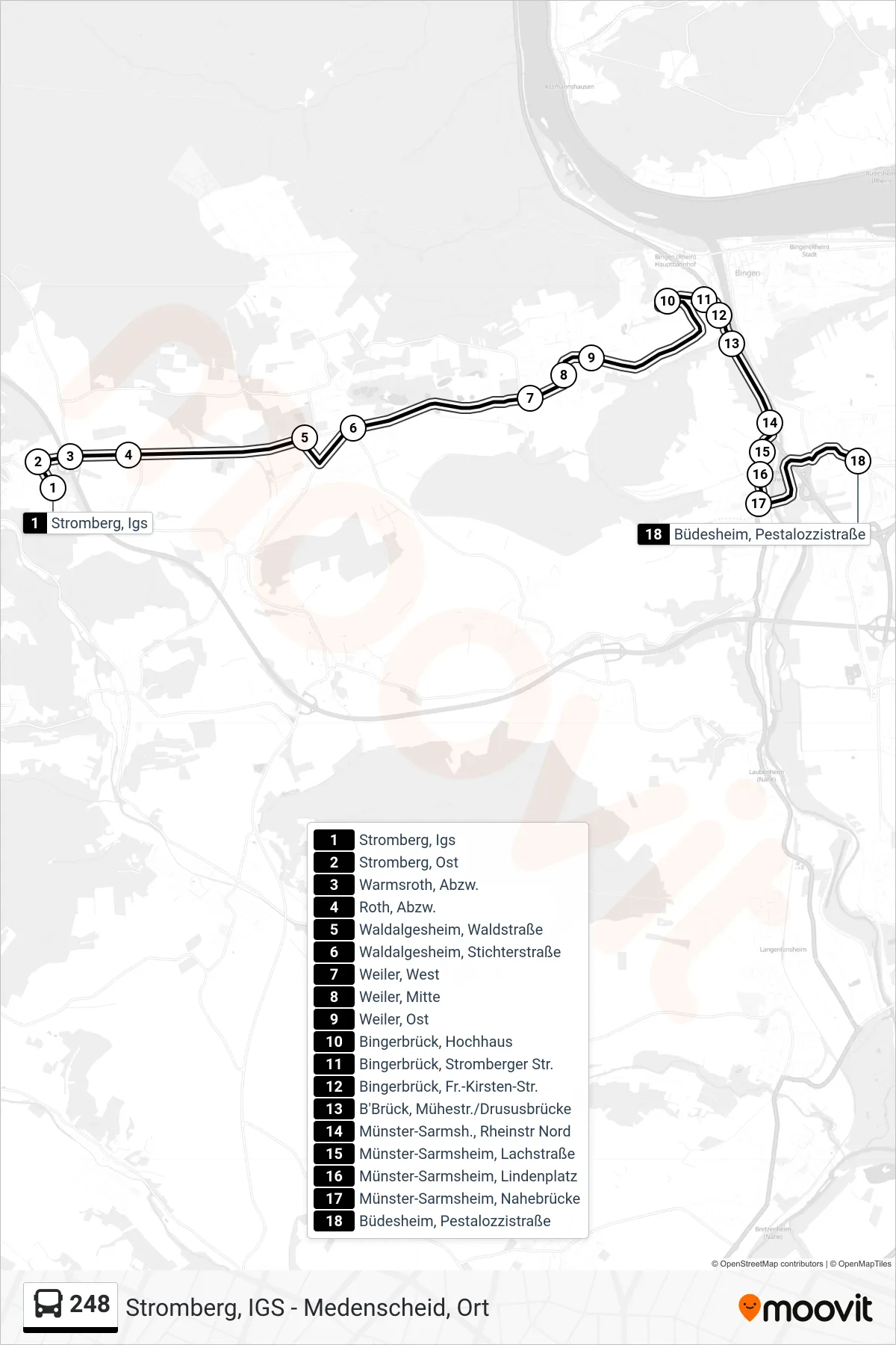 248 bus Line (Büdesheim, Pestalozzistraße) route and stops on a map