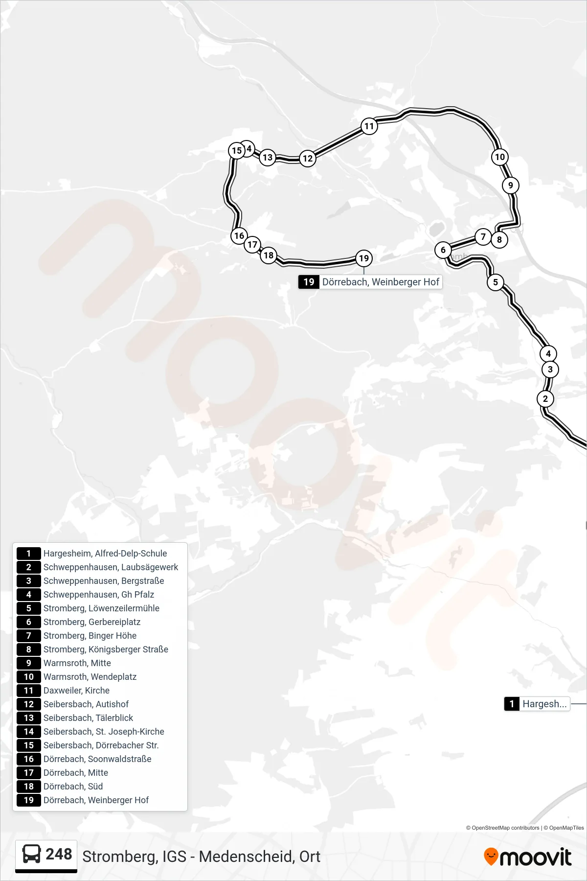 248 bus Line (Dörrebach, Weinberger Hof) route and stops on a map
