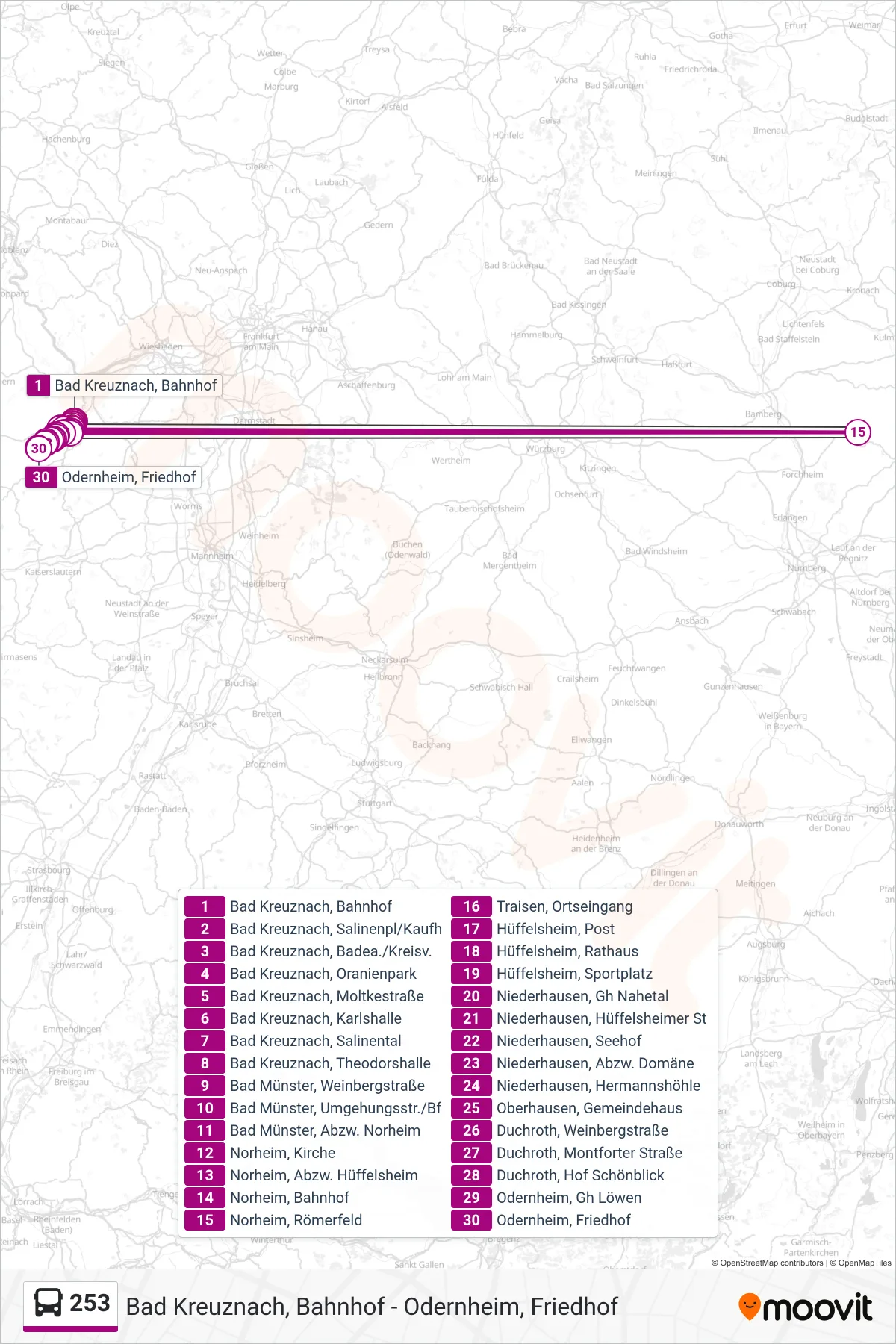253 bus Line (Odernheim, Friedhof) route and stops on a map