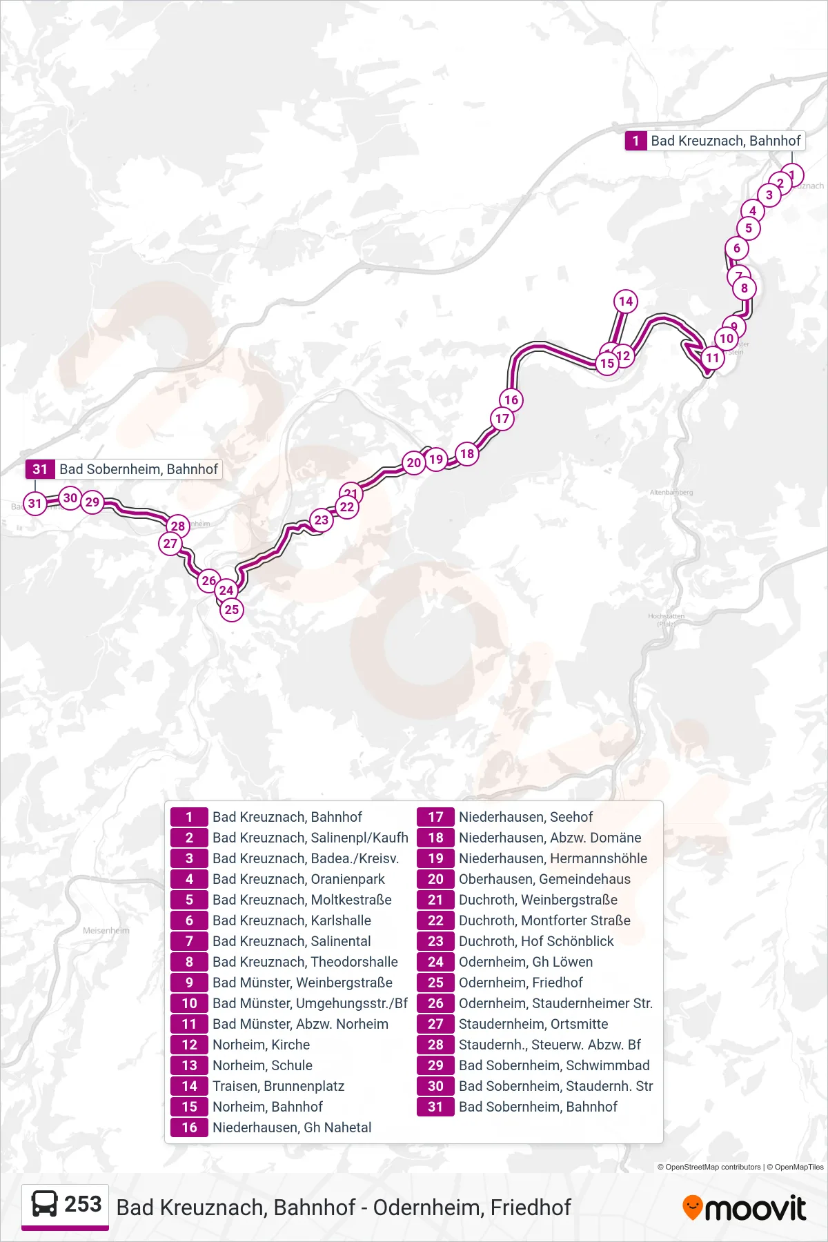 253 bus Line (Bad Sobernheim, Bahnhof) route and stops on a map