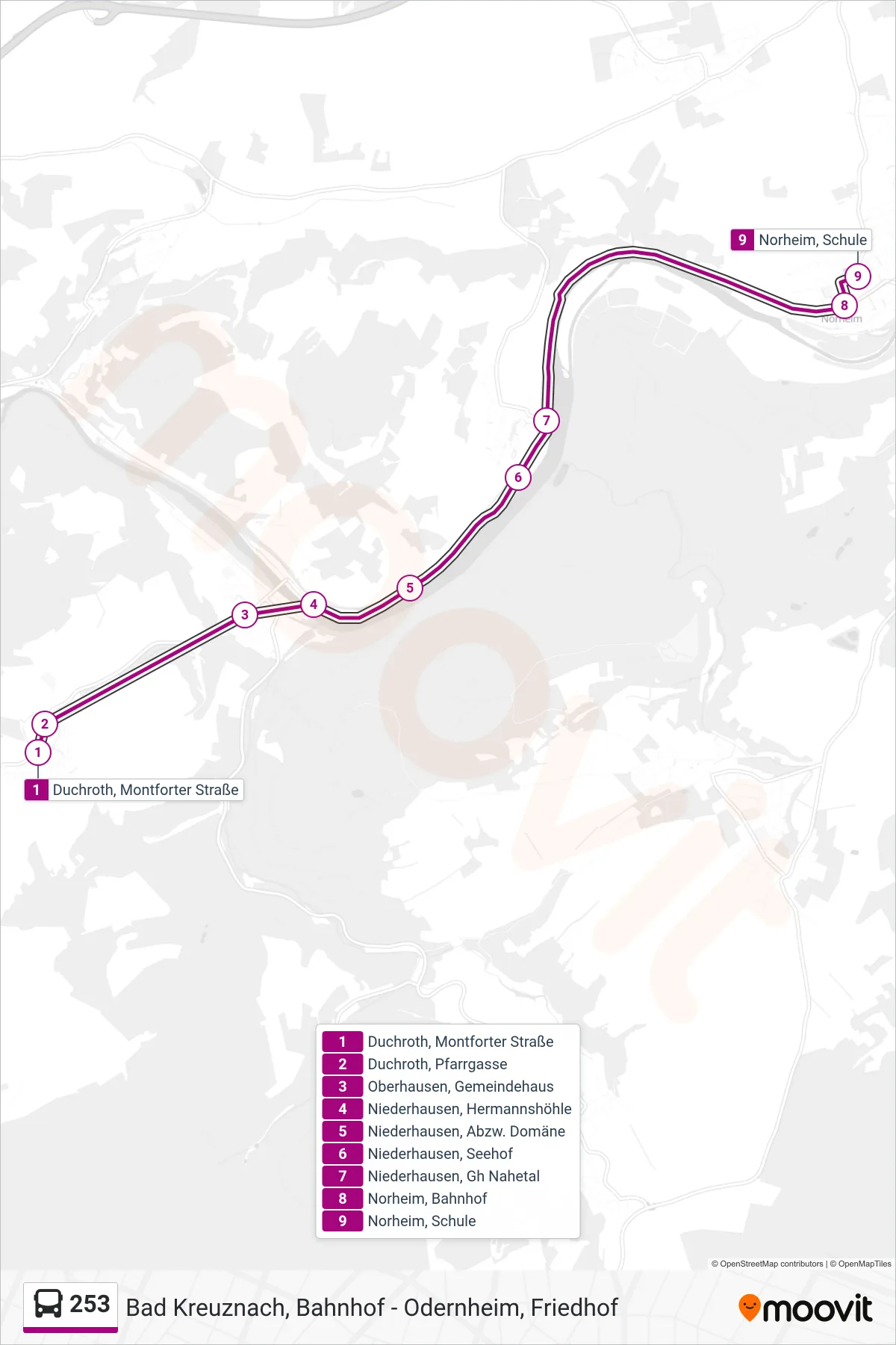 253 bus Line (Norheim, Schule) route and stops on a map