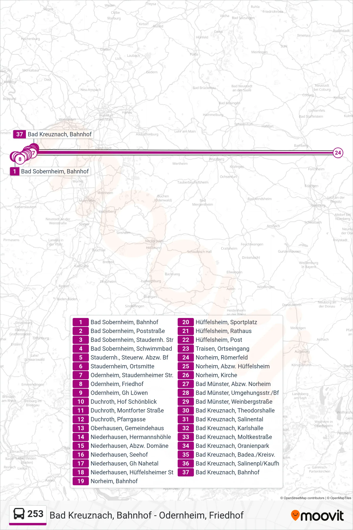 253 bus Line (Bad Kreuznach, Bahnhof) route and stops on a map
