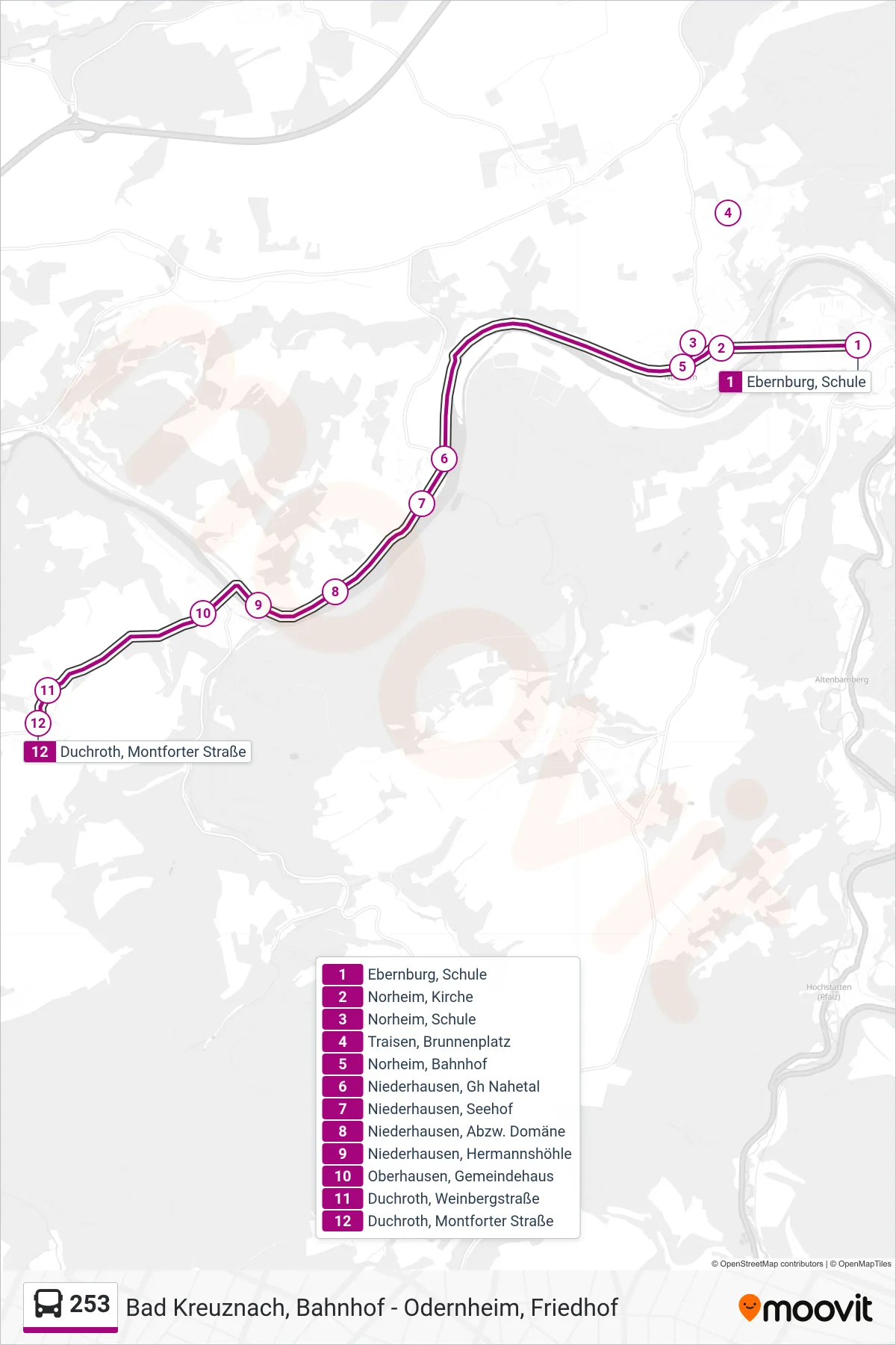 Linie 253 (Bus) Richtung Duchroth, Montforter Straße: Route und Haltestellen auf der Karte