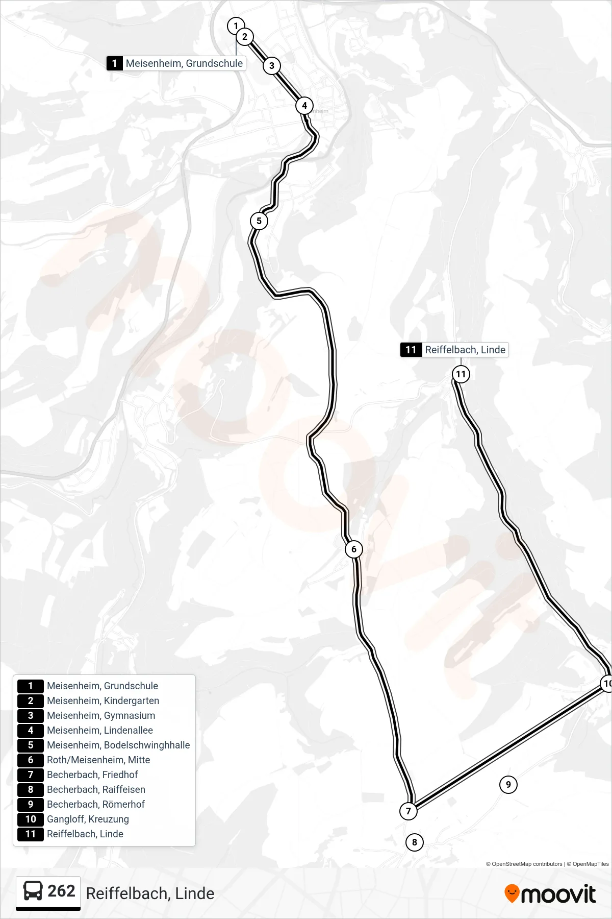 262 bus Line (Reiffelbach, Linde) route and stops on a map