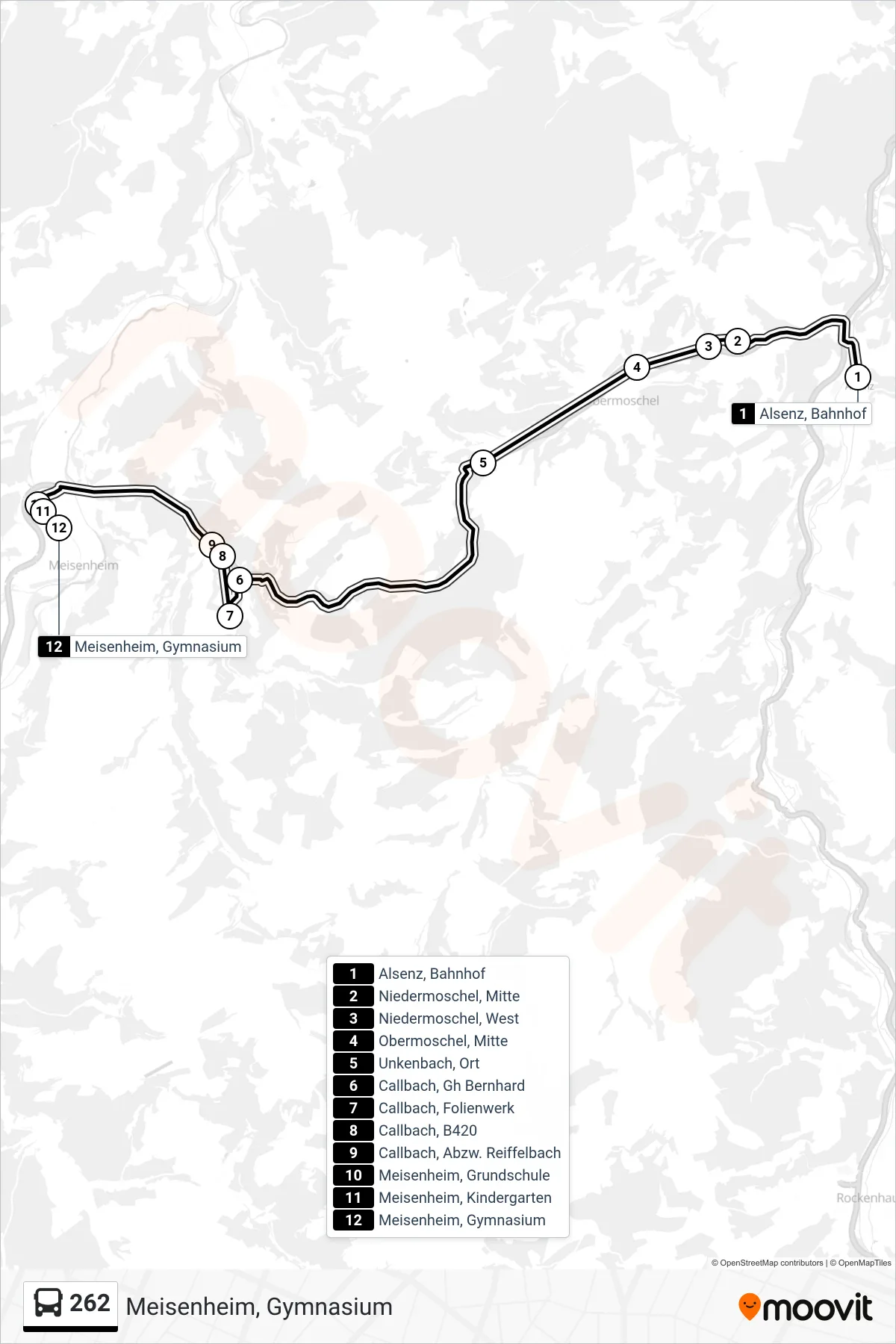 262 bus Line (Meisenheim, Gymnasium) route and stops on a map