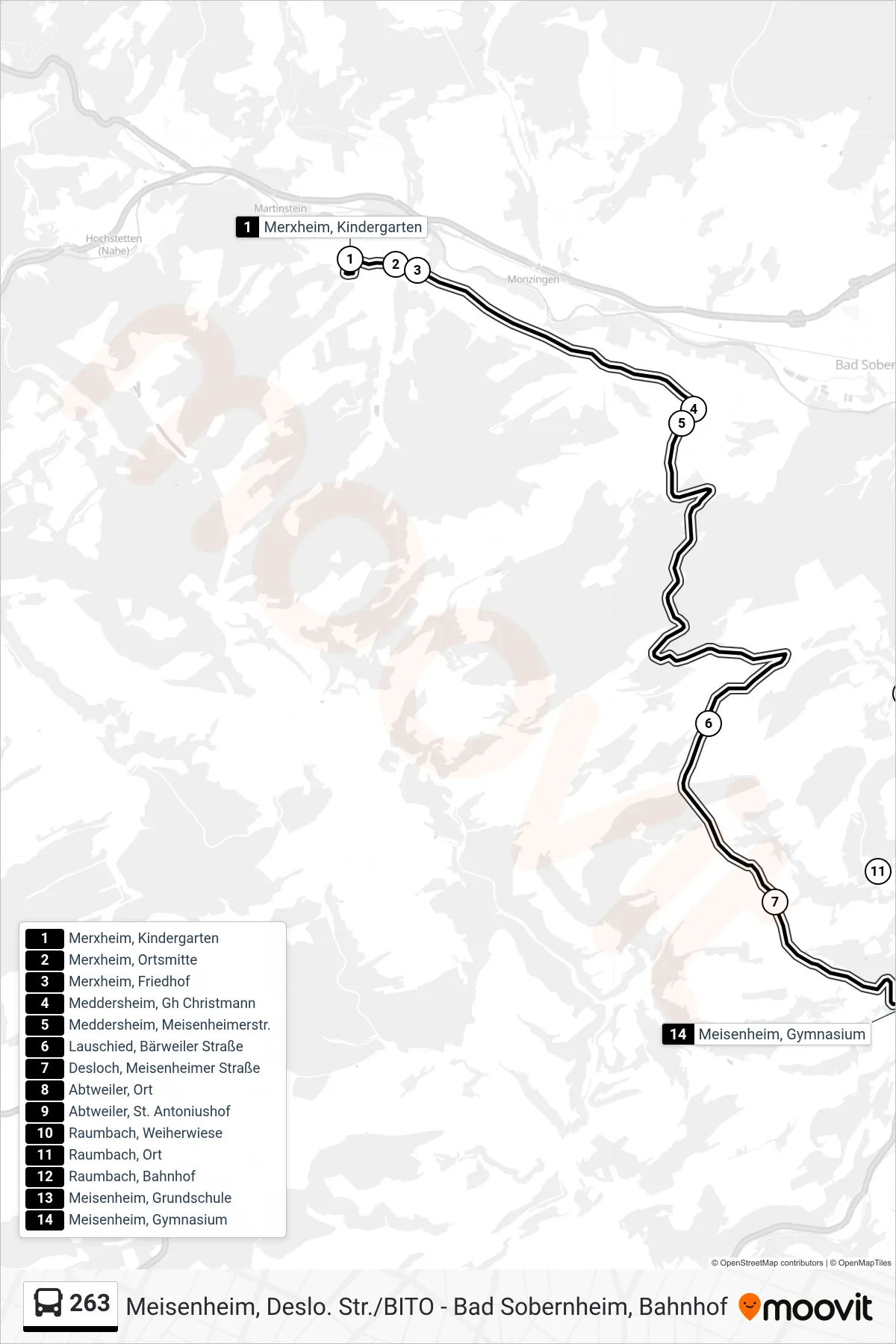 263 bus Line (Meisenheim, Gymnasium) route and stops on a map
