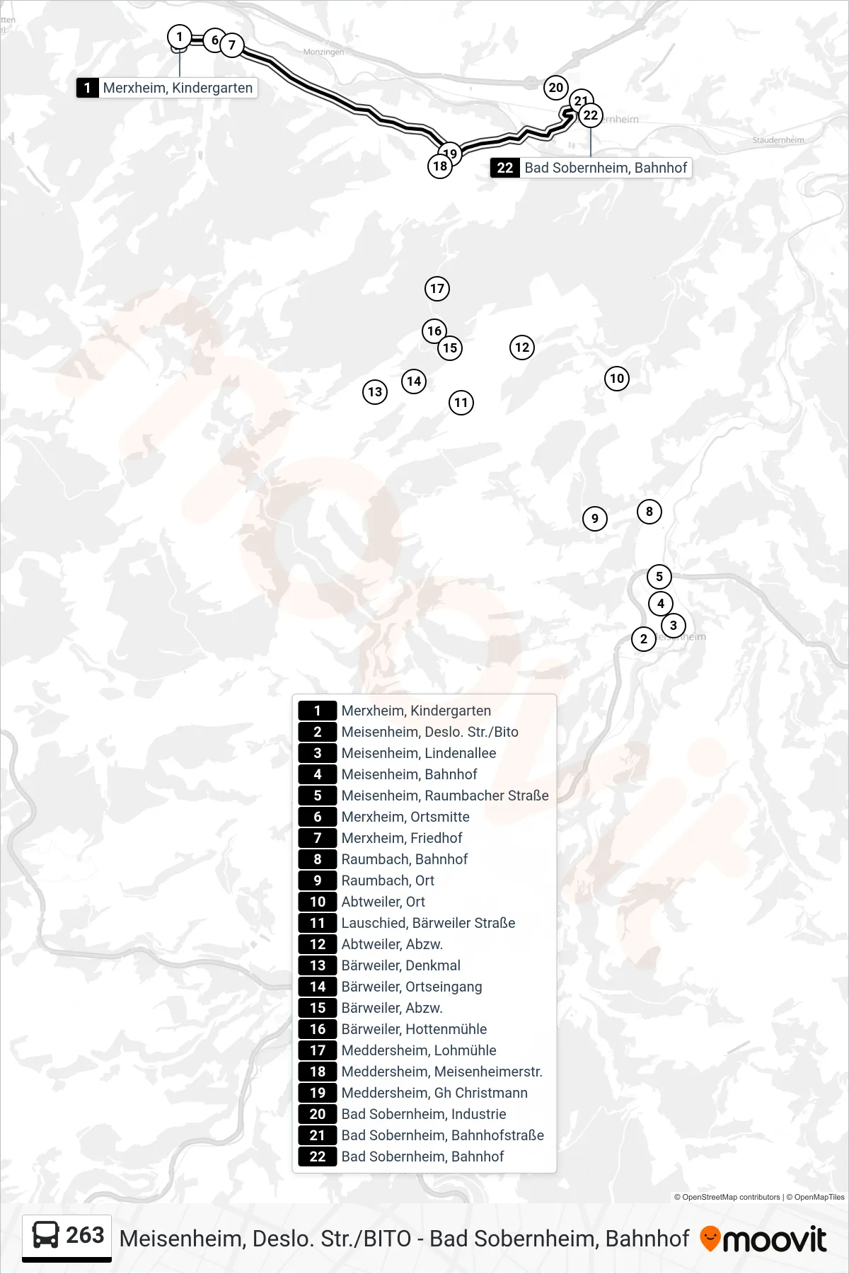 263 bus Line (Bad Sobernheim, Bahnhof) route and stops on a map