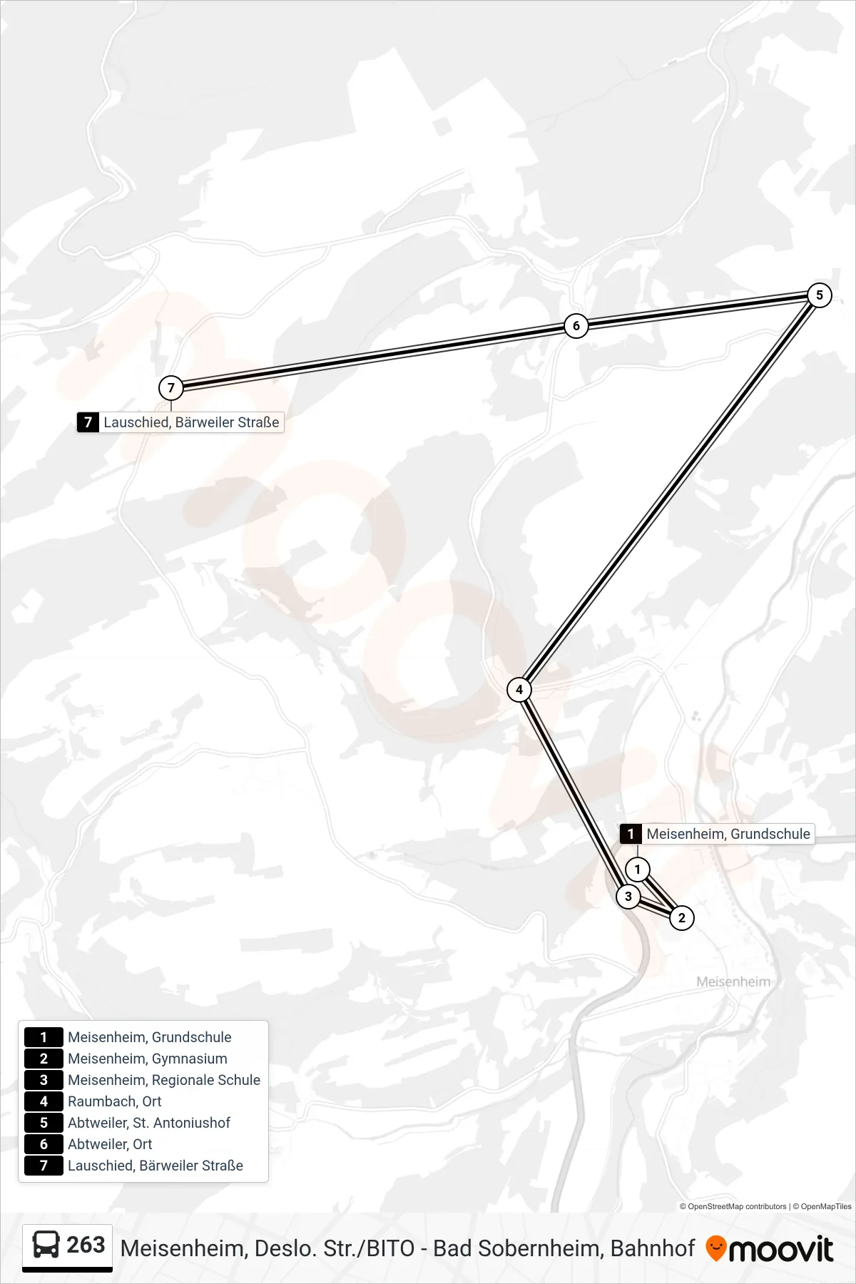 263 bus Line (Lauschied, Bärweiler Straße) route and stops on a map