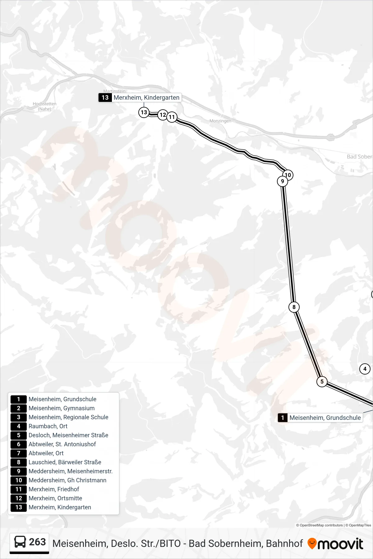 263 bus Line (Merxheim, Kindergarten) route and stops on a map