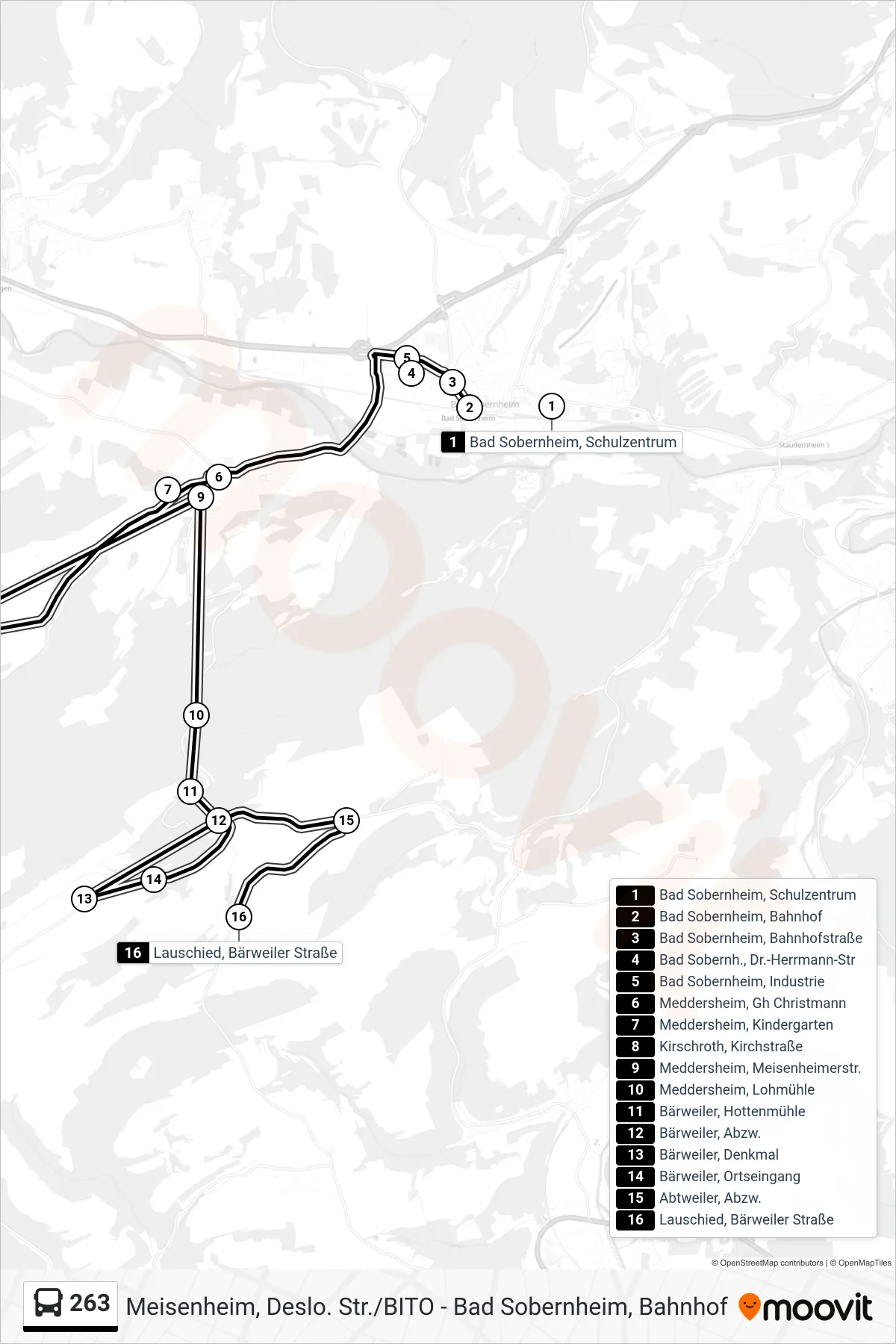 263 bus Line (Lauschied, Bärweiler Straße) route and stops on a map