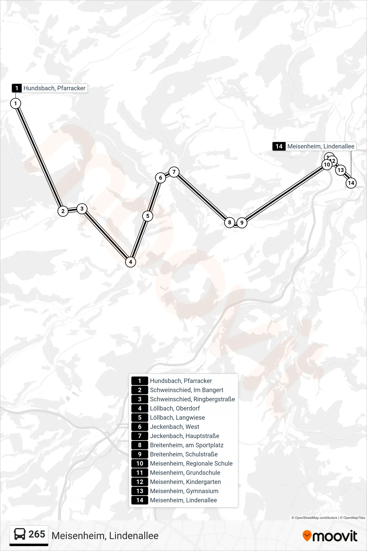 265 bus Line (Meisenheim, Lindenallee) route and stops on a map