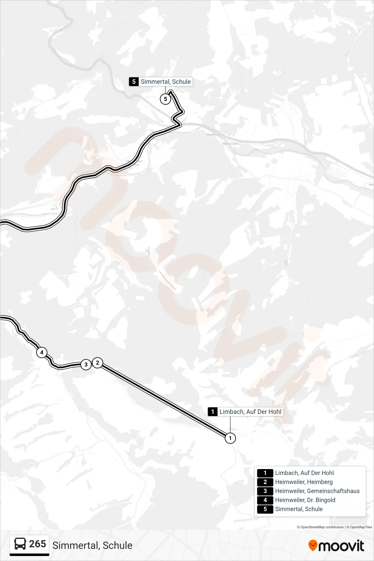265 bus Line (Simmertal, Schule) route and stops on a map