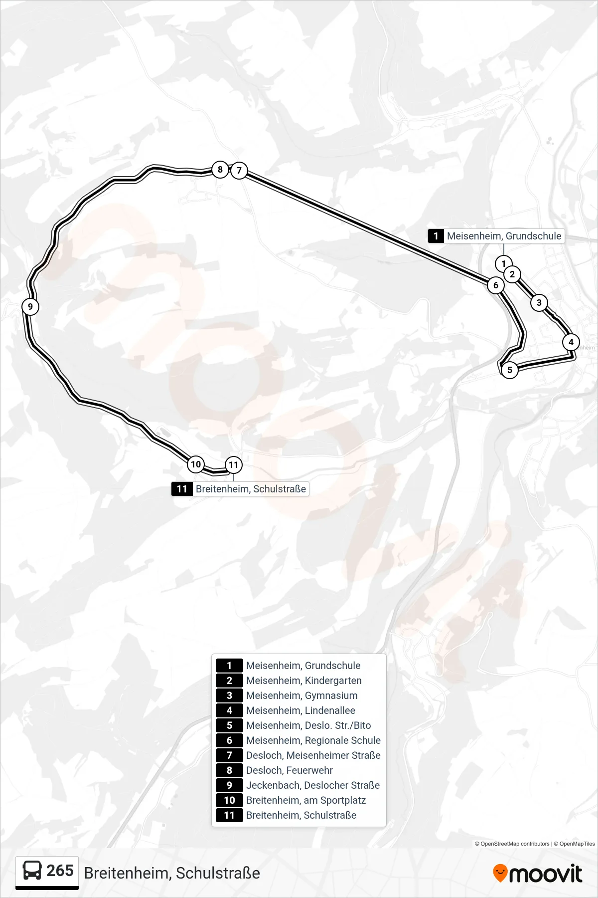 265 bus Line (Breitenheim, Schulstraße) route and stops on a map