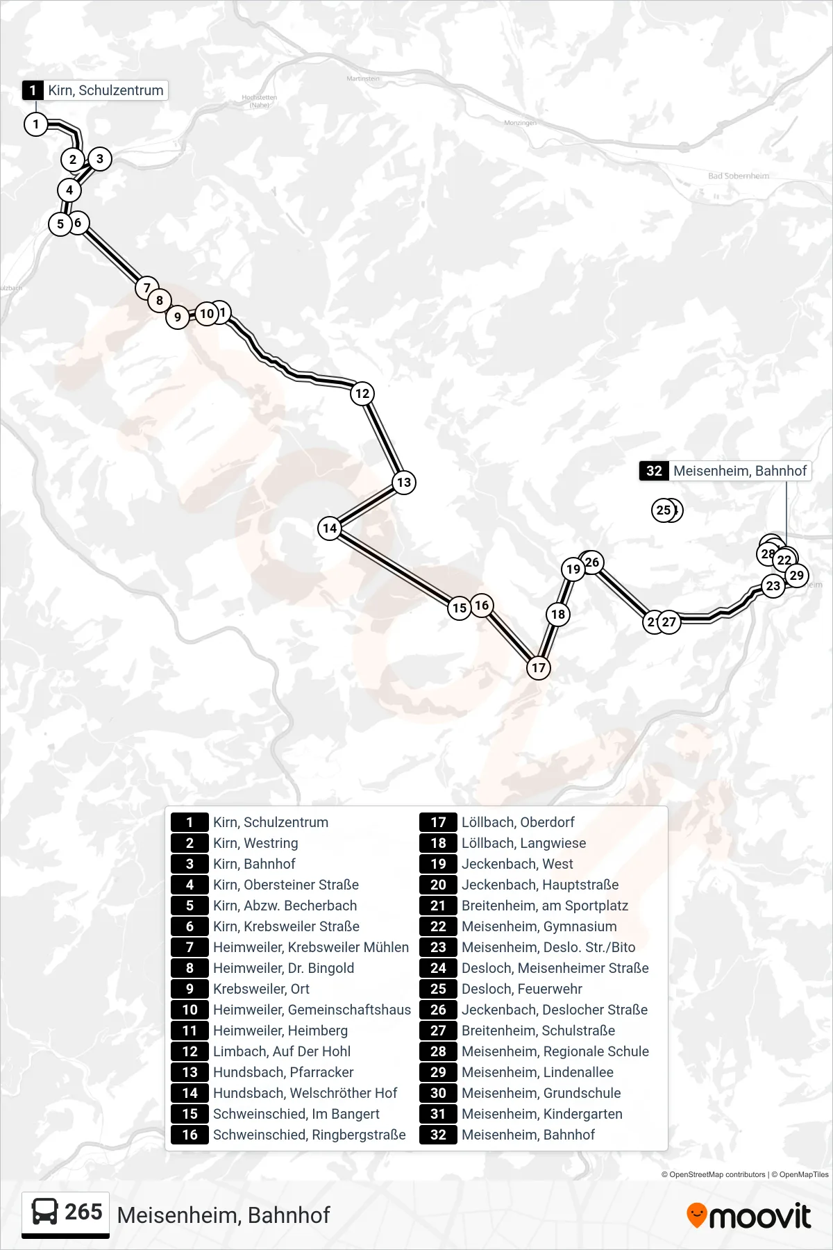 265 bus Line (Meisenheim, Bahnhof) route and stops on a map