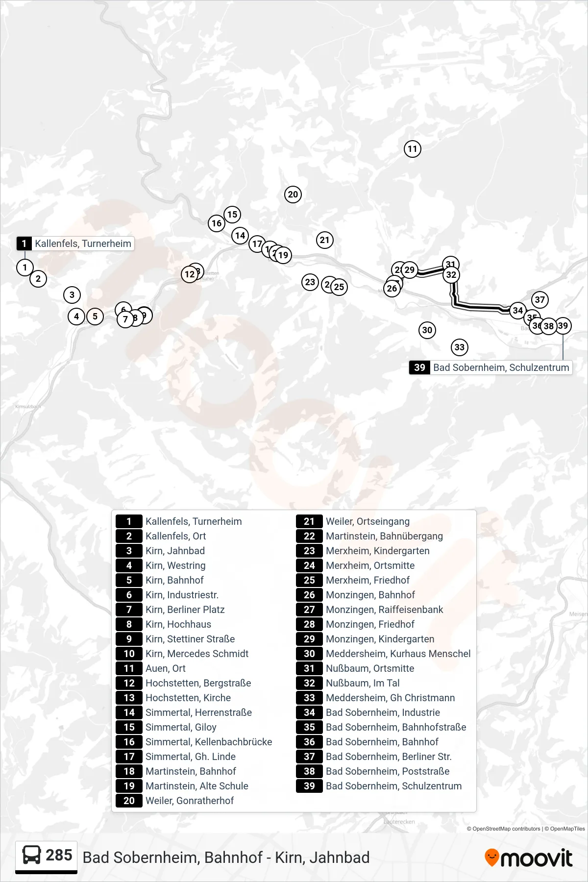 Linie 285 (Bus) Richtung Bad Sobernheim, Schulzentrum: Route und Haltestellen auf der Karte