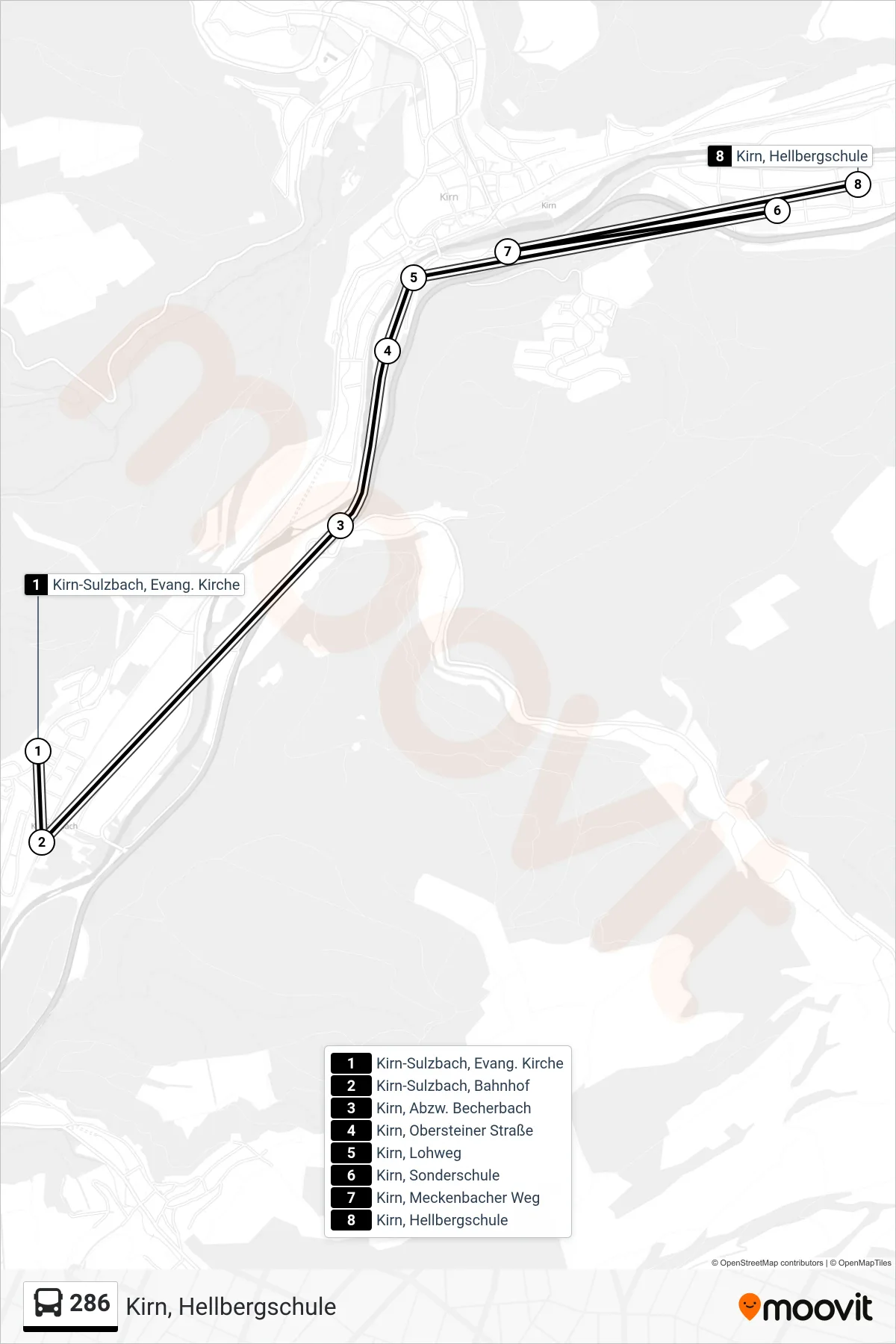 286 bus Line (Kirn, Hellbergschule) route and stops on a map