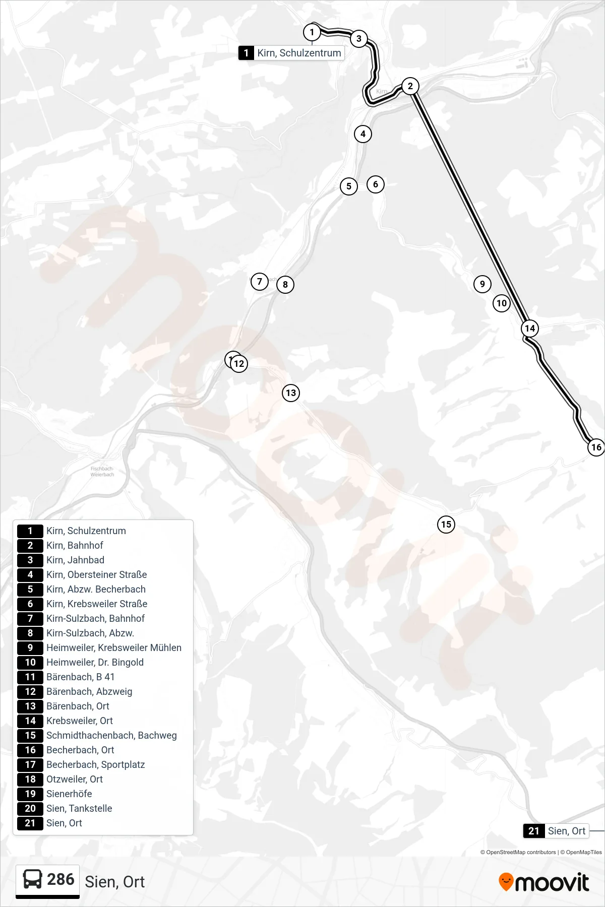 286 bus Line (Sien, Ort) route and stops on a map