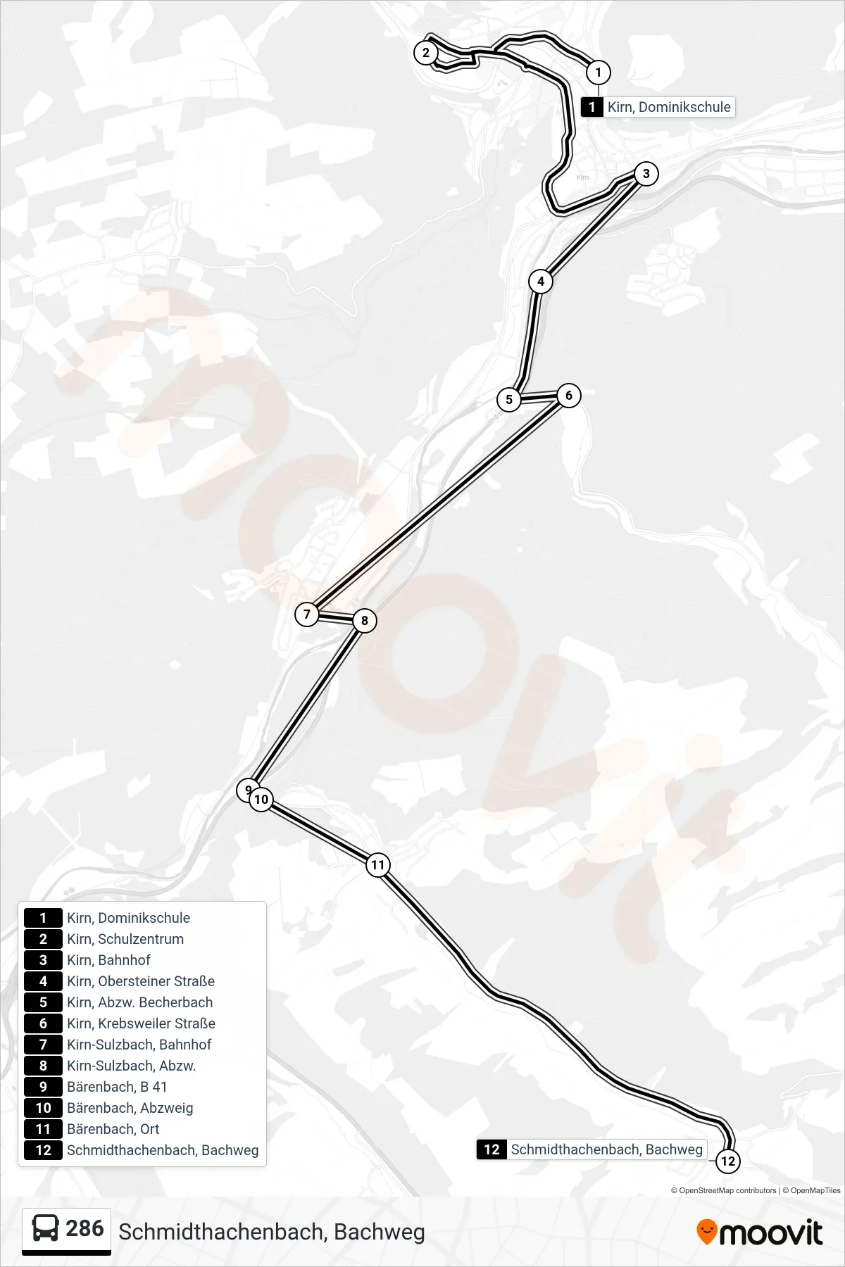286 bus Line (Schmidthachenbach, Bachweg) route and stops on a map
