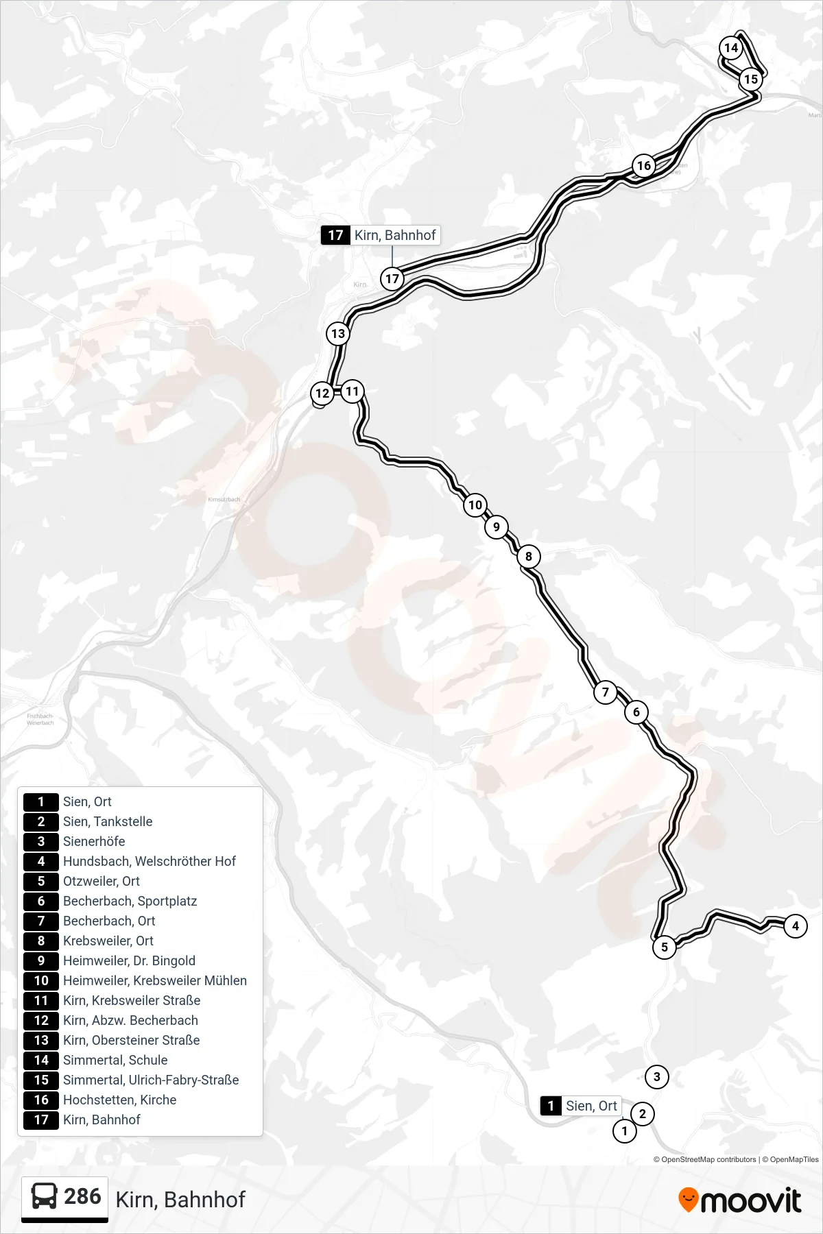 286 bus Line (Kirn, Bahnhof) route and stops on a map