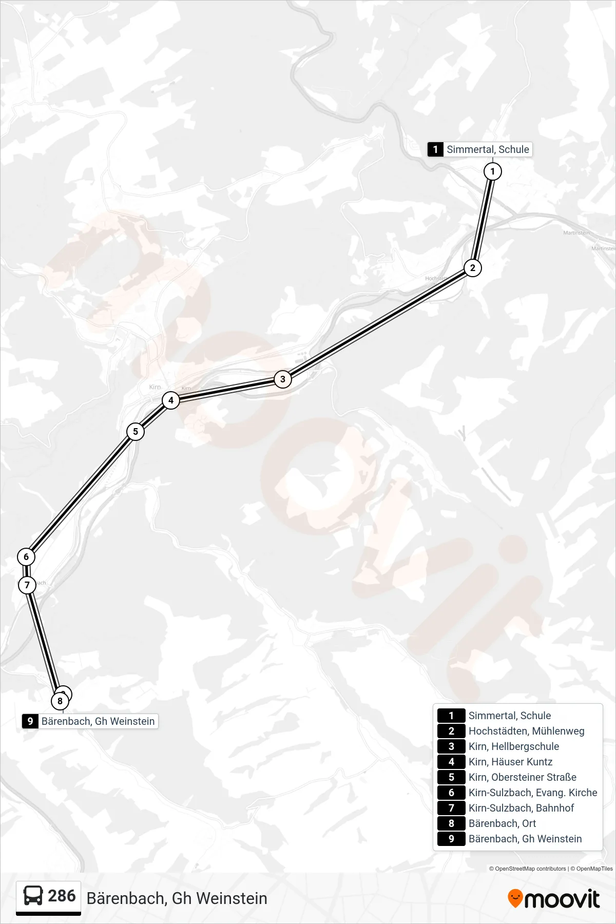 286 bus Line (Bärenbach, Gh Weinstein) route and stops on a map
