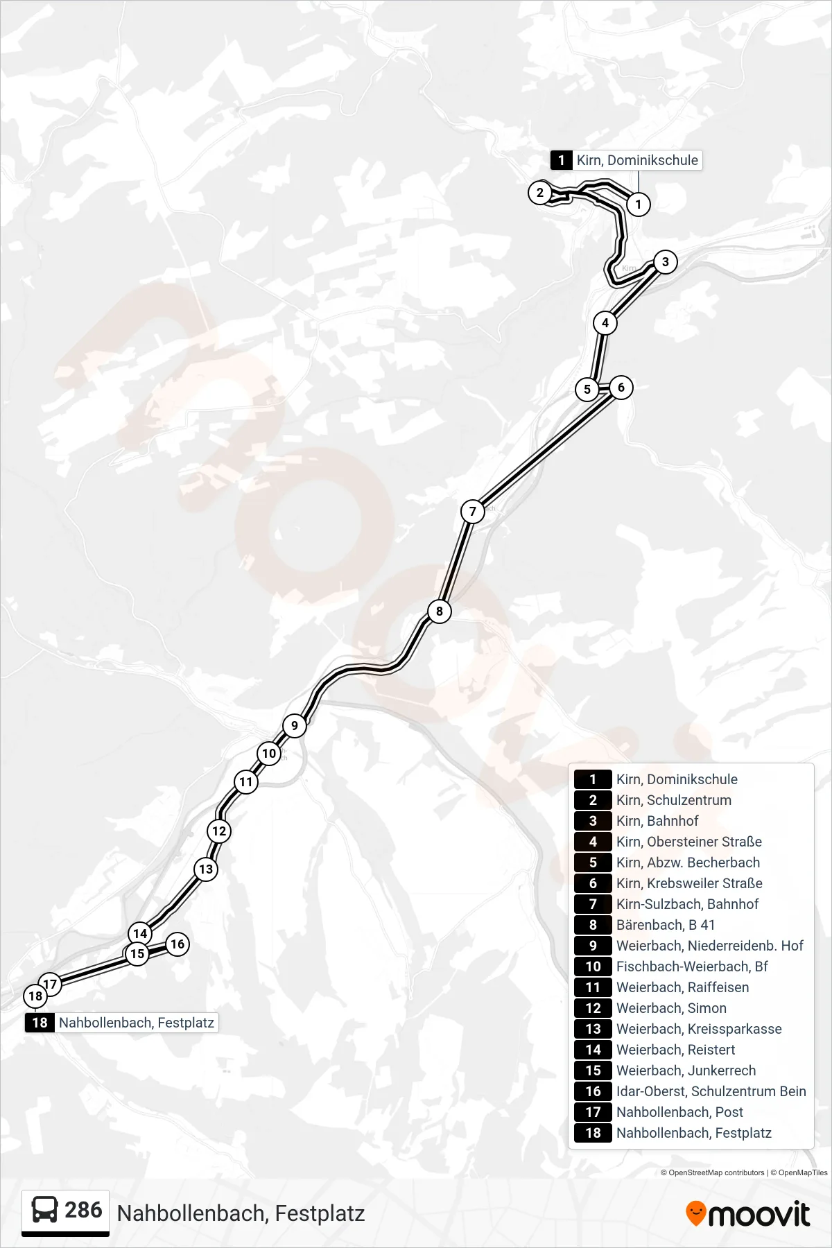 286 bus Line (Nahbollenbach, Festplatz) route and stops on a map