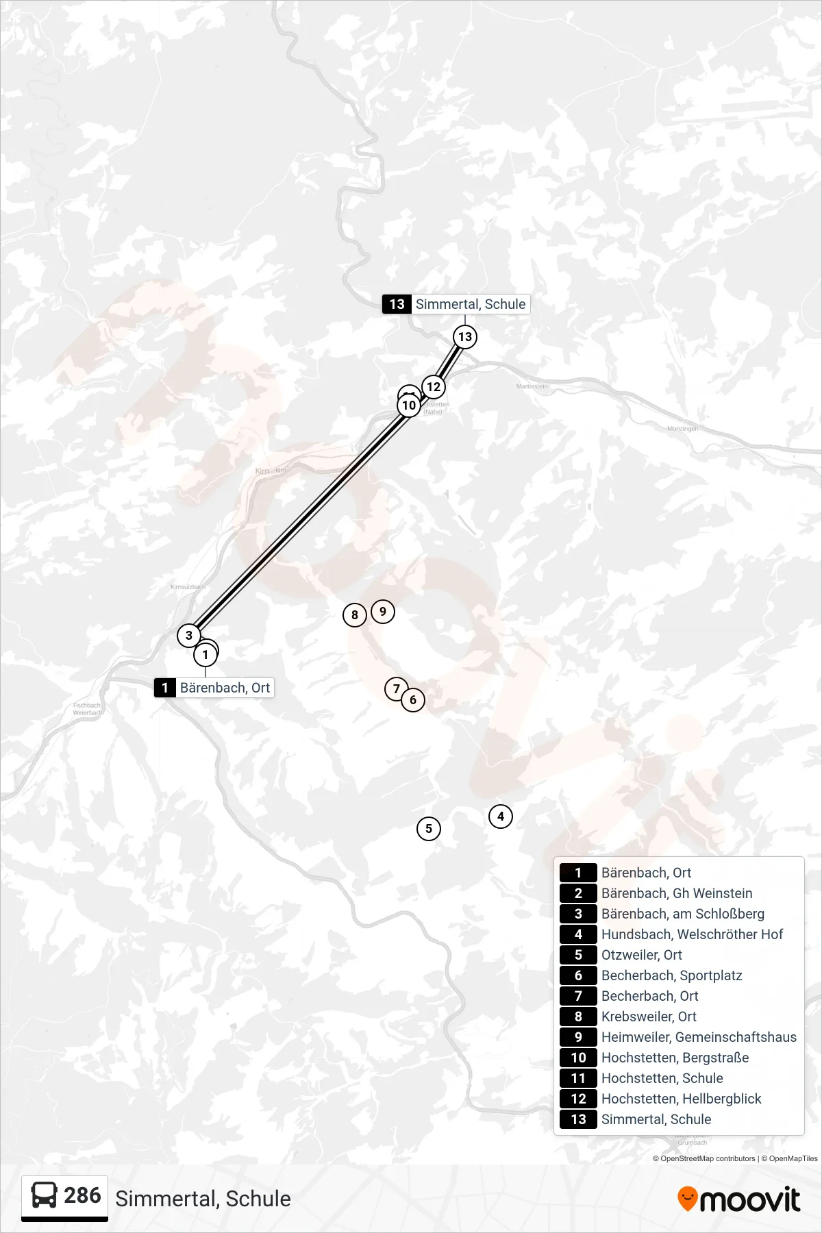 286 bus Line (Simmertal, Schule) route and stops on a map