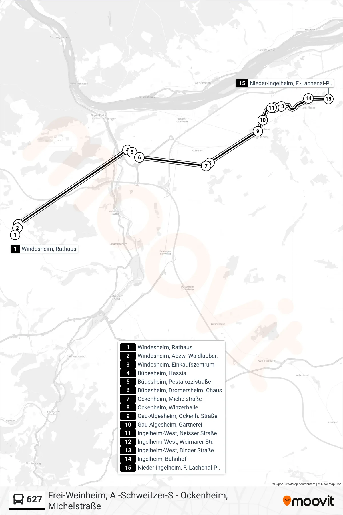 Linie 627 (Bus) Richtung Nieder-Ingelheim, F.-Lachenal-Pl.: Route und Haltestellen auf der Karte