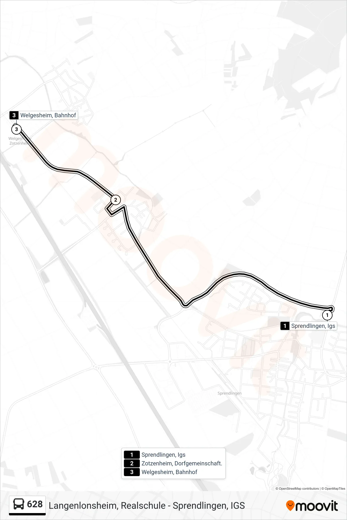 628 bus Line (Welgesheim, Bahnhof) route and stops on a map