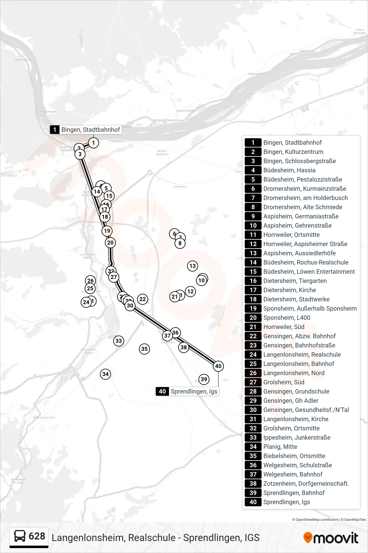 628 bus Line (Sprendlingen, Igs) route and stops on a map